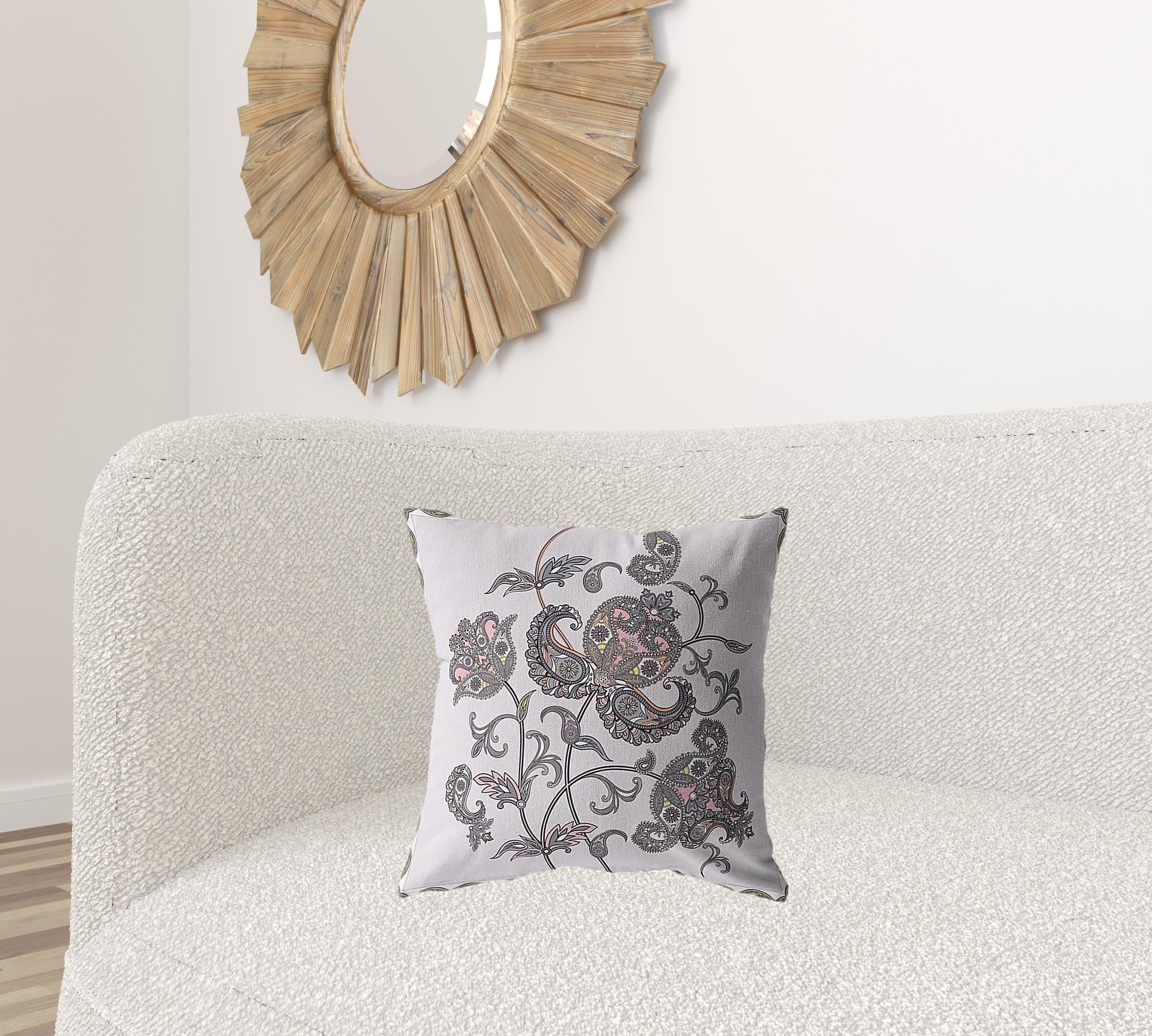 18” Gray White Wildflower Zippered Suede Throw Pillow