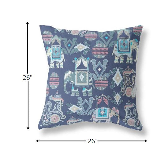 26" Blue Gray Tribal Indoor Outdoor Zip Throw Pillow