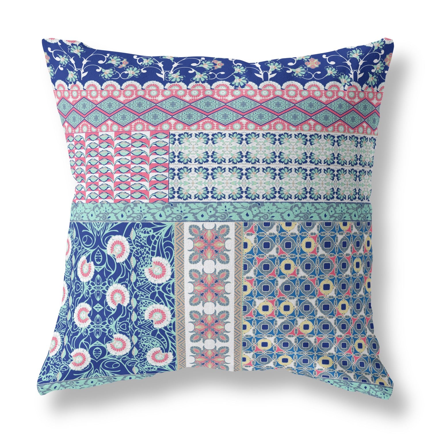 20” Blue Pink Patch Indoor Outdoor Zippered Throw Pillow