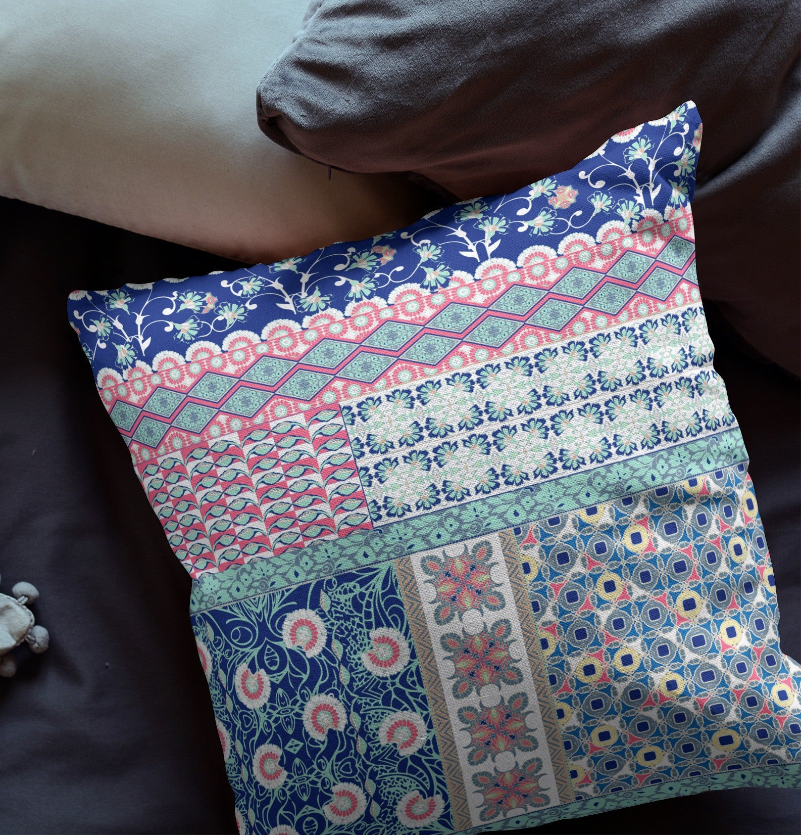20” Blue Pink Patch Indoor Outdoor Zippered Throw Pillow