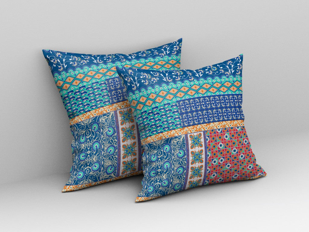 20” Blue Orange Patch Indoor Outdoor Zippered Throw Pillow