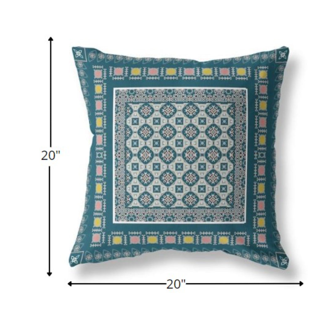 20” Blue Beige Block Indoor Outdoor Zippered Throw Pillow