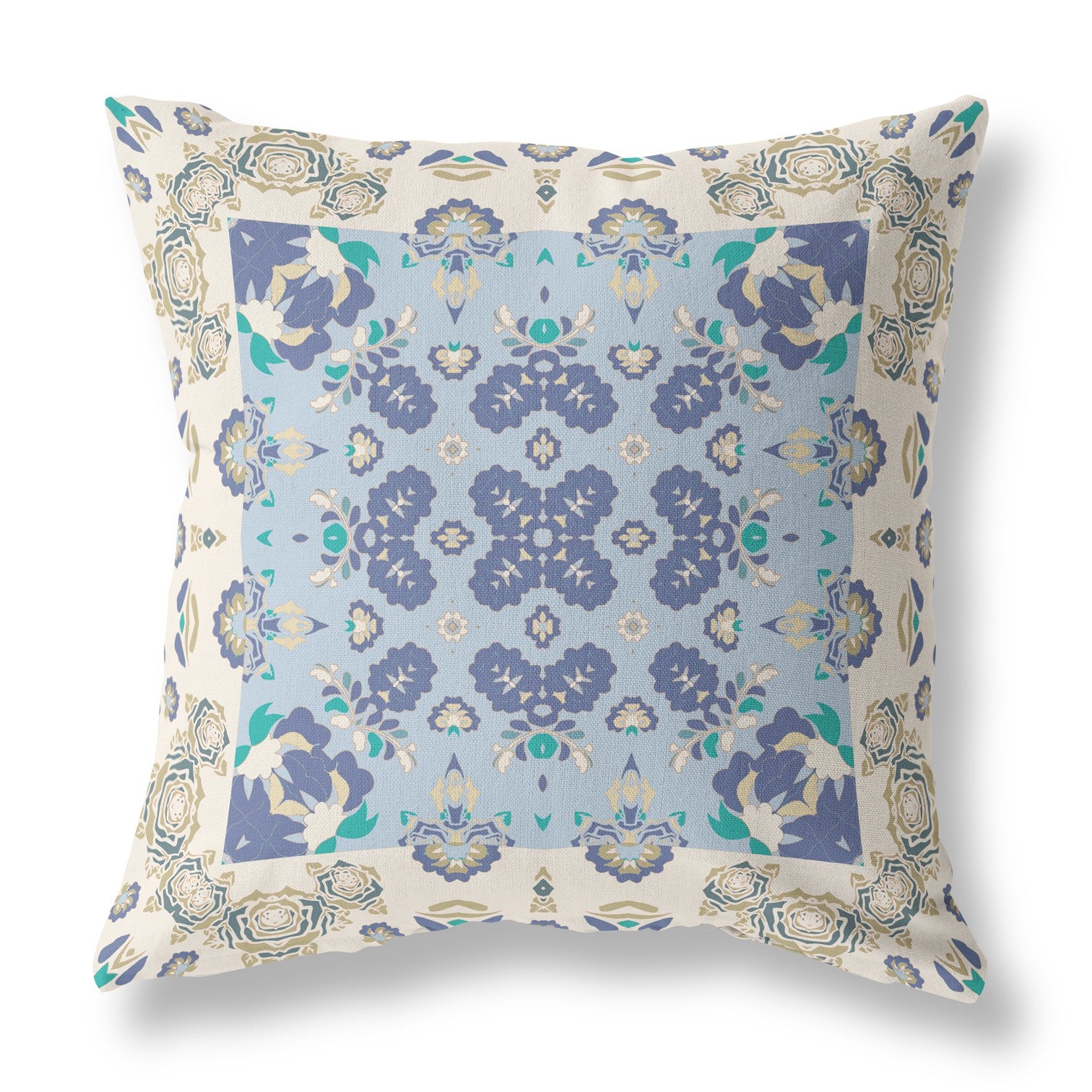 26” White Blue Rose Box Indoor Outdoor Zippered Throw Pillow