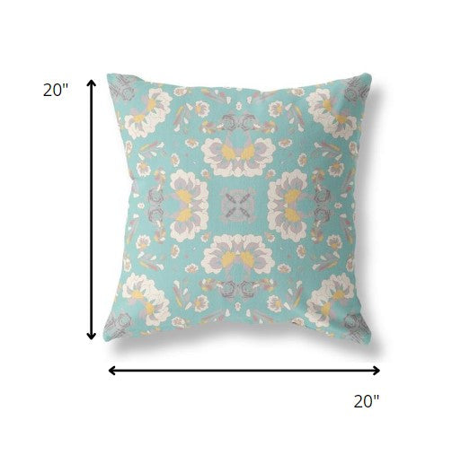 20" Mint White Floral Indoor Outdoor Zip Throw Pillow