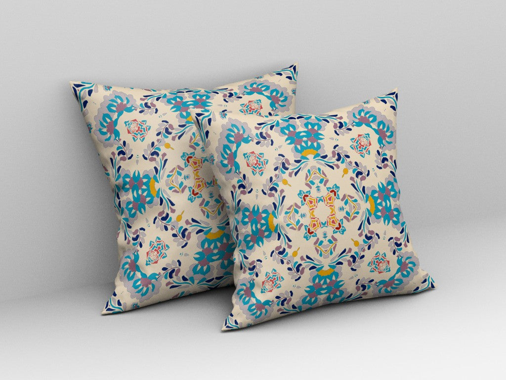 16" Blue White Filigree Indoor Outdoor Zip Throw Pillow