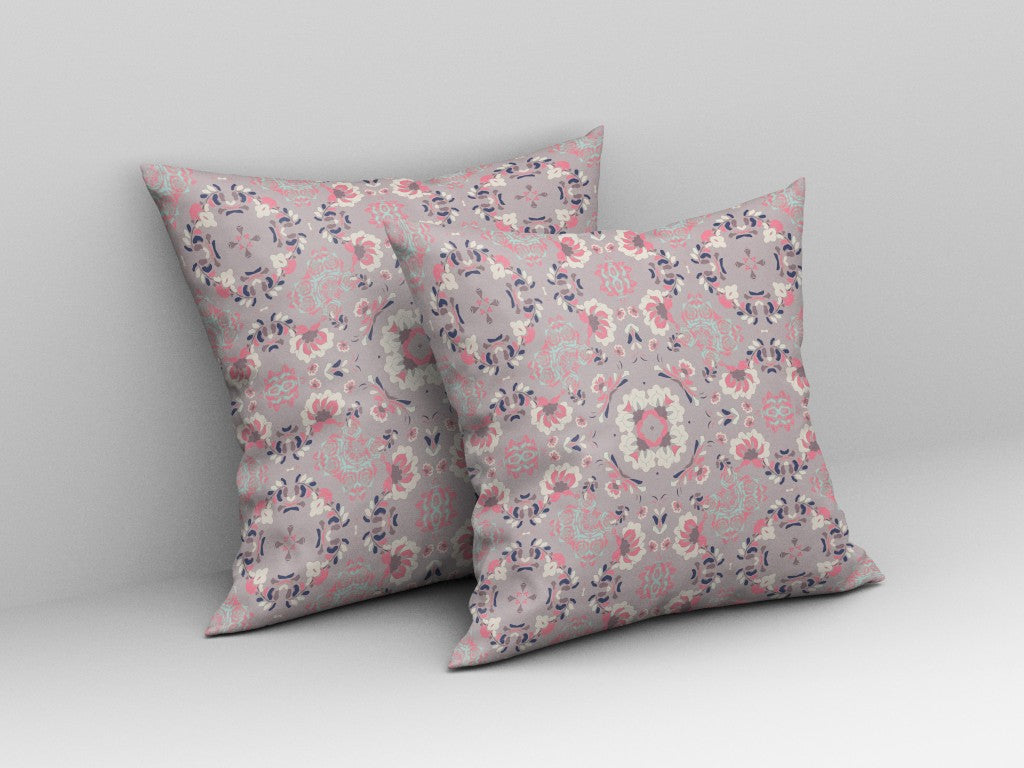 26" X 26" Muted White Zippered Floral Indoor Outdoor Throw Pillow