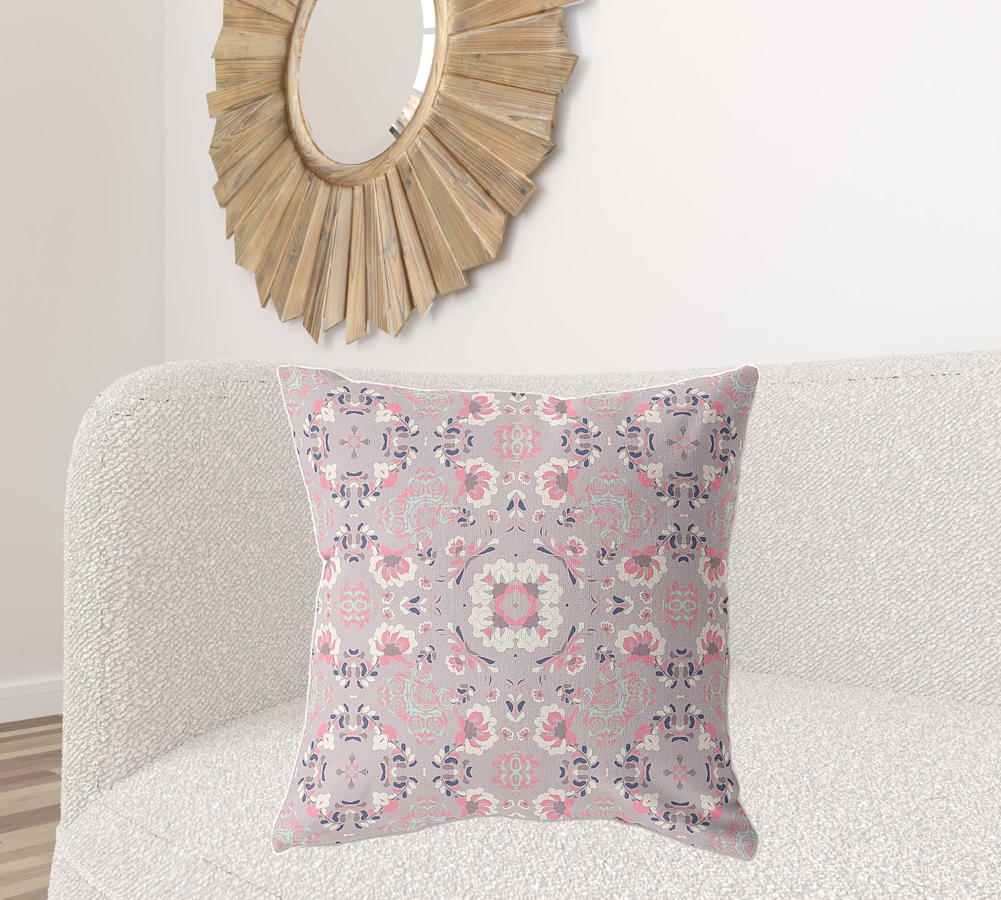 26" X 26" Muted White Zippered Floral Indoor Outdoor Throw Pillow