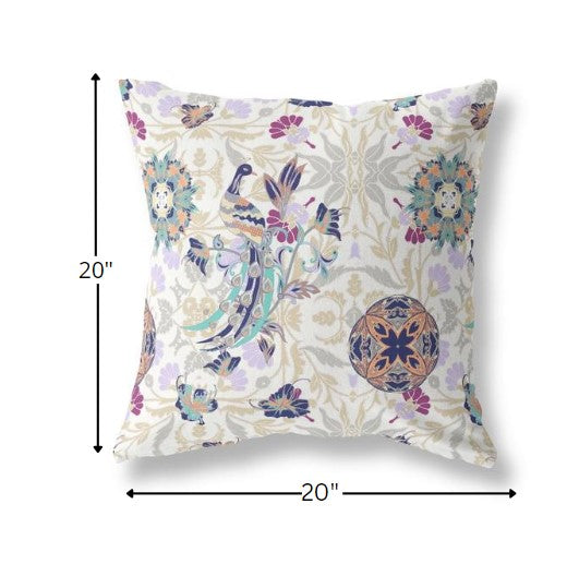 20" White Purple Peacock Indoor Outdoor Zip Throw Pillow