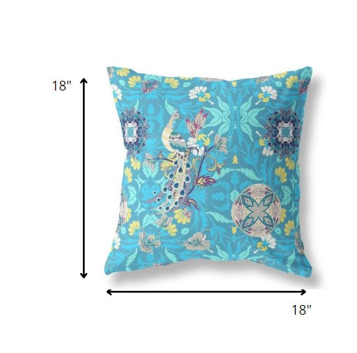 18" Turquoise Peacock Indoor Outdoor Zip Throw Pillow