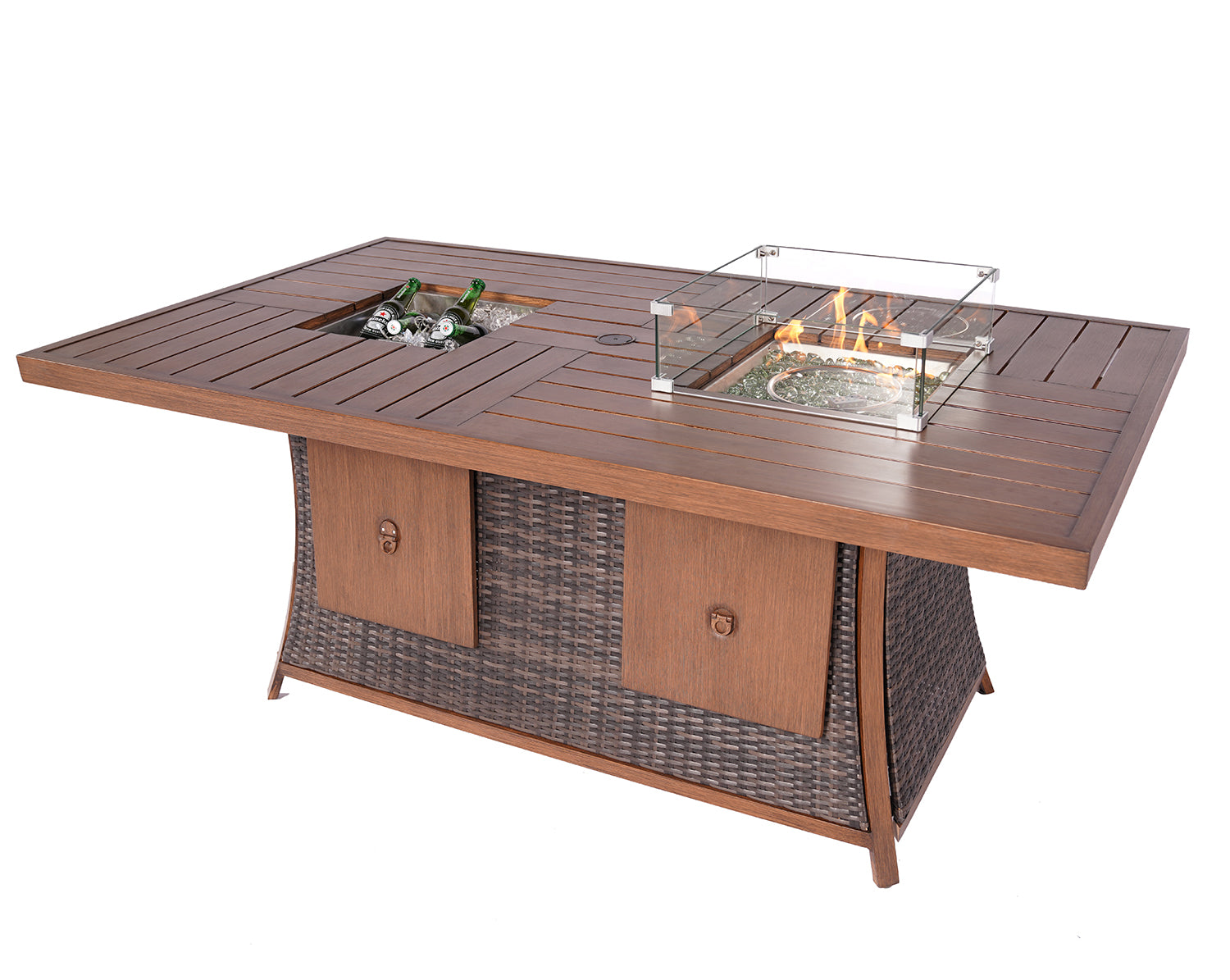 Brown Wicker Outdoor Gas Fire Pit Table with Ice Bucket