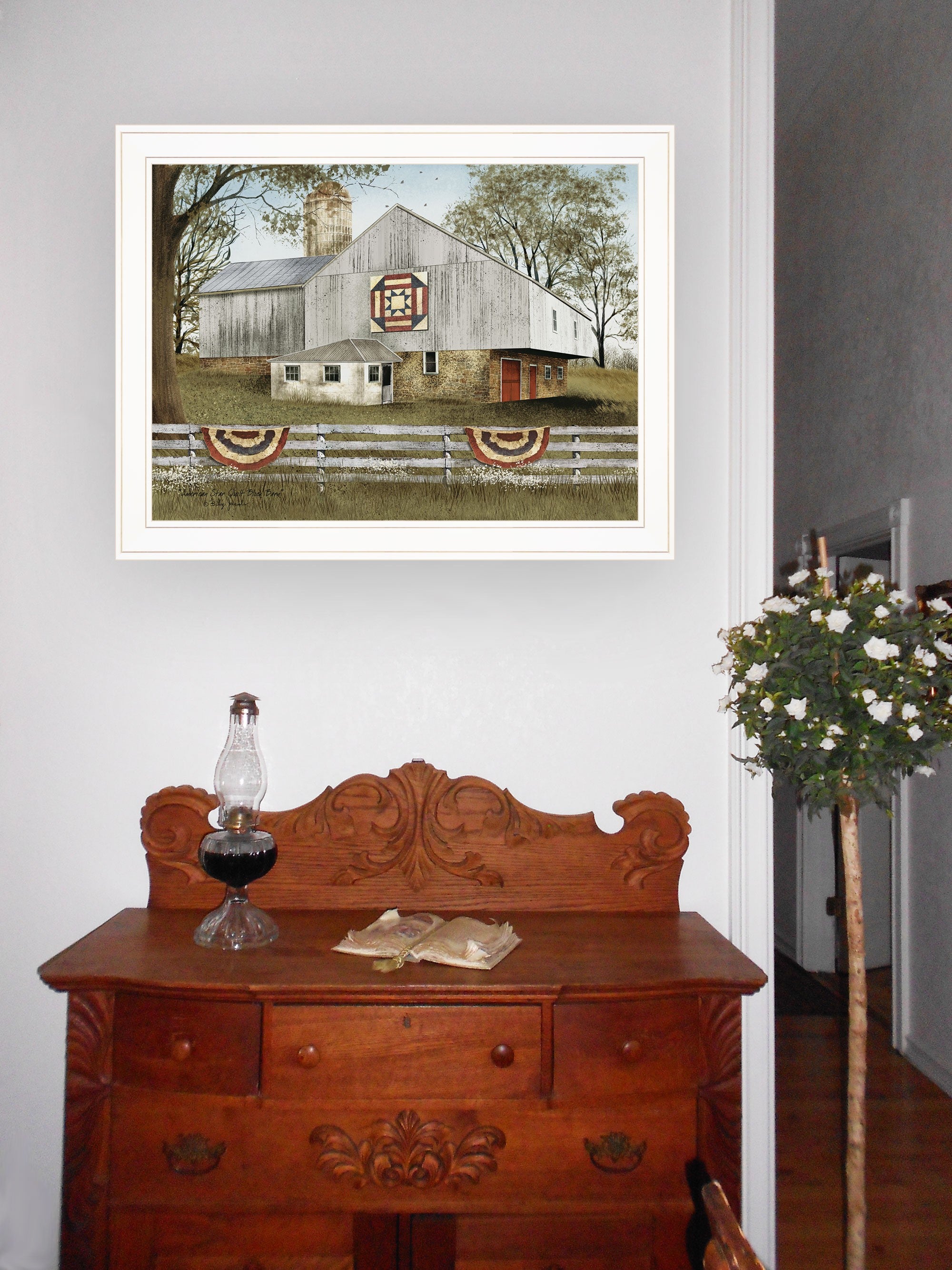 American Star Quilt Block Barn 3 White Framed Print Wall Art