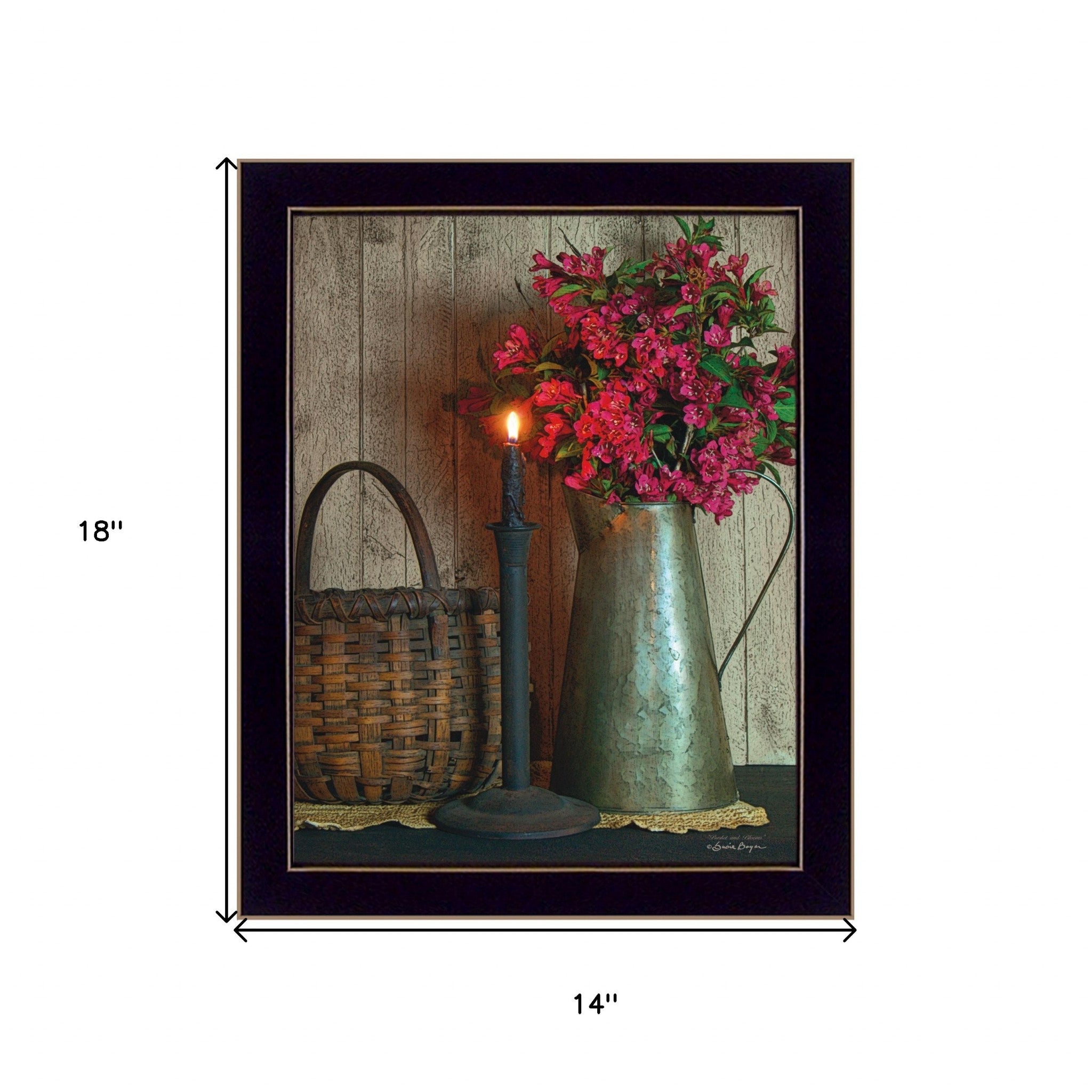 Basket And Blossoms Black Framed Print Wall Art