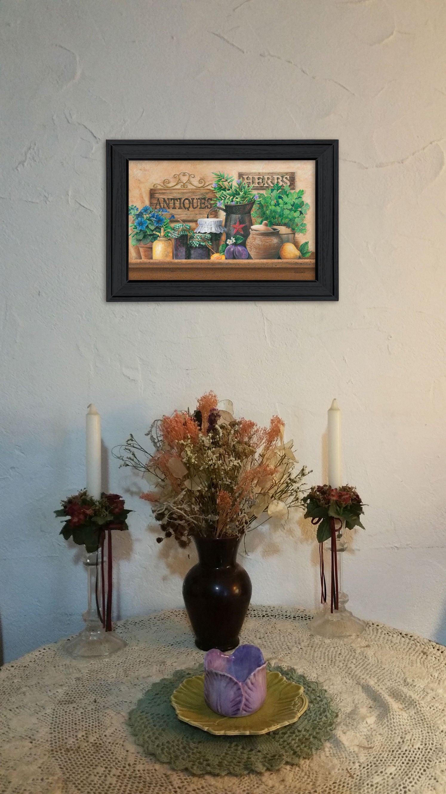 Antiques And Herbs Black Framed Print Wall Art