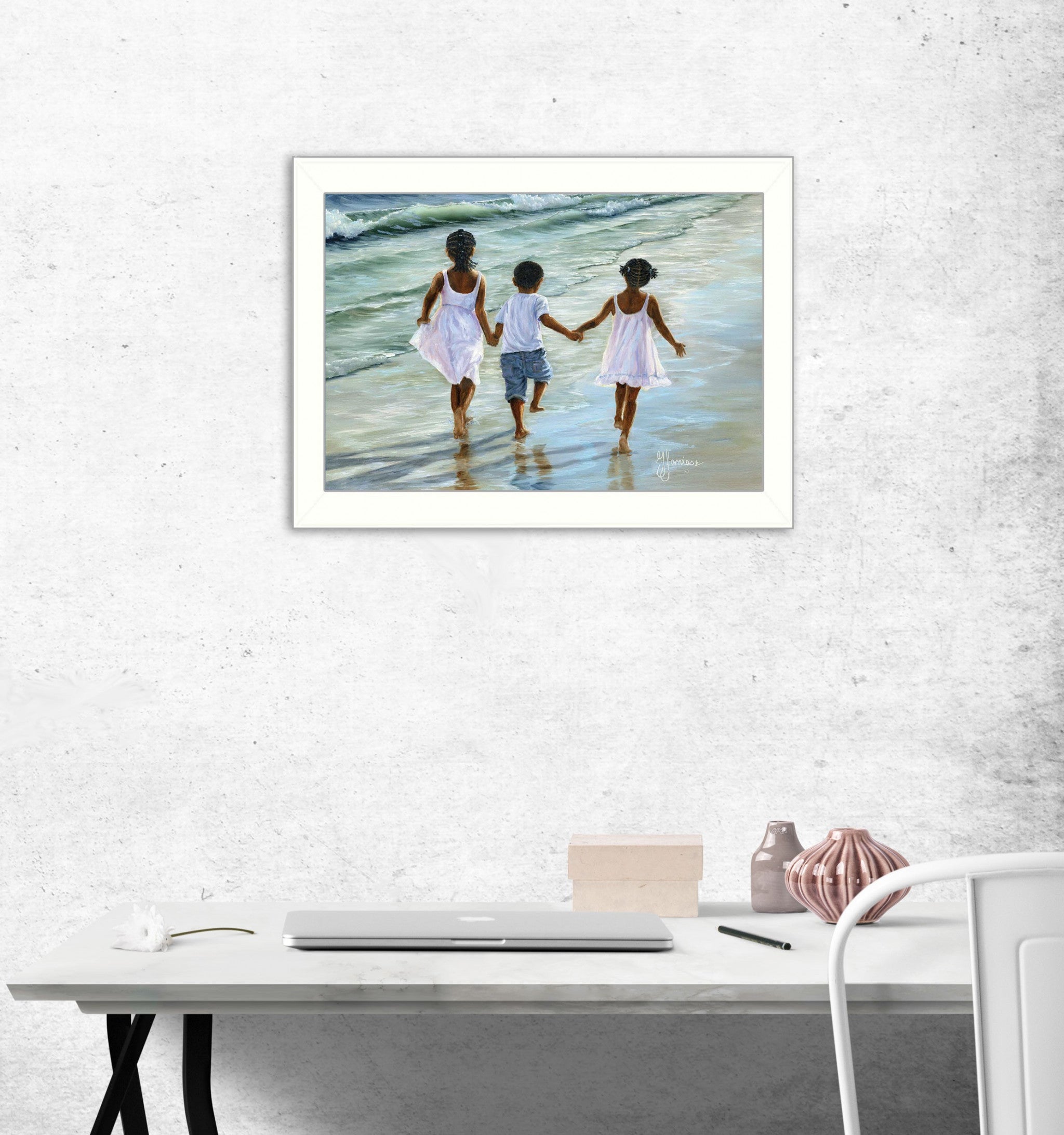 Running On The Beach 1 White Framed Print Wall Art