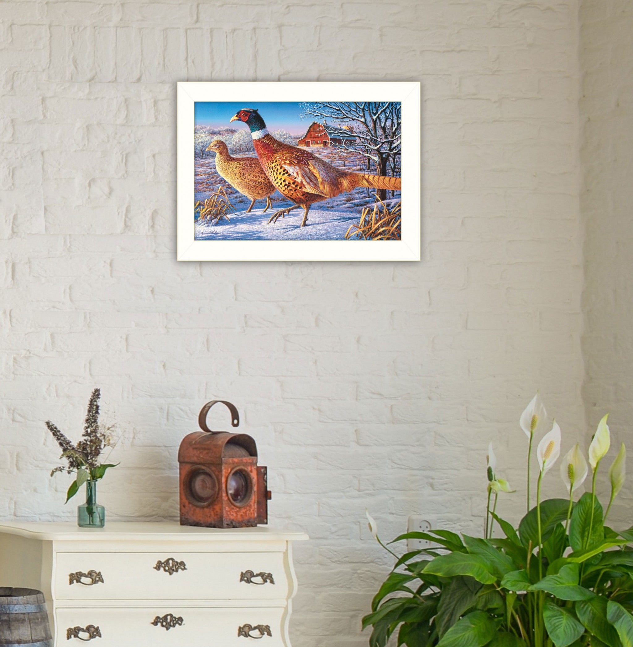 Frosty Morning Ringnecks 2 White Framed Print Wall Art