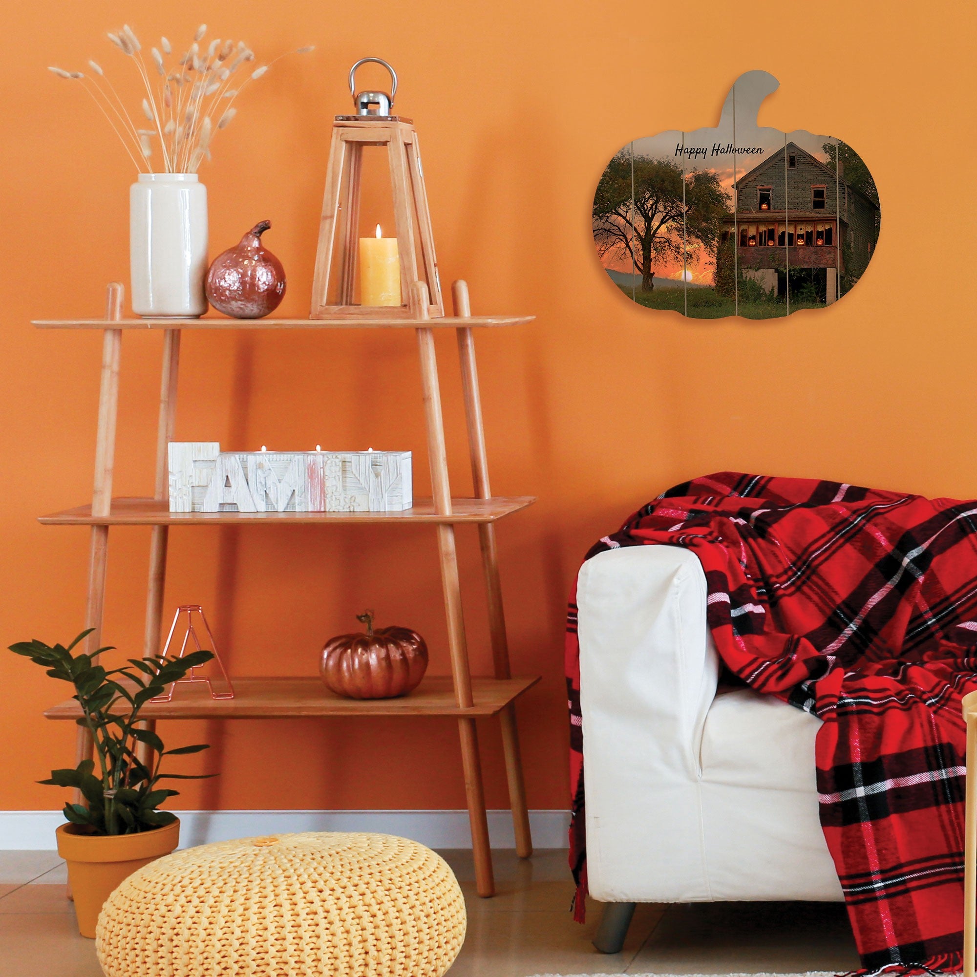 Happy Halloween Pumpkin Shaped Wood Print Wall Art