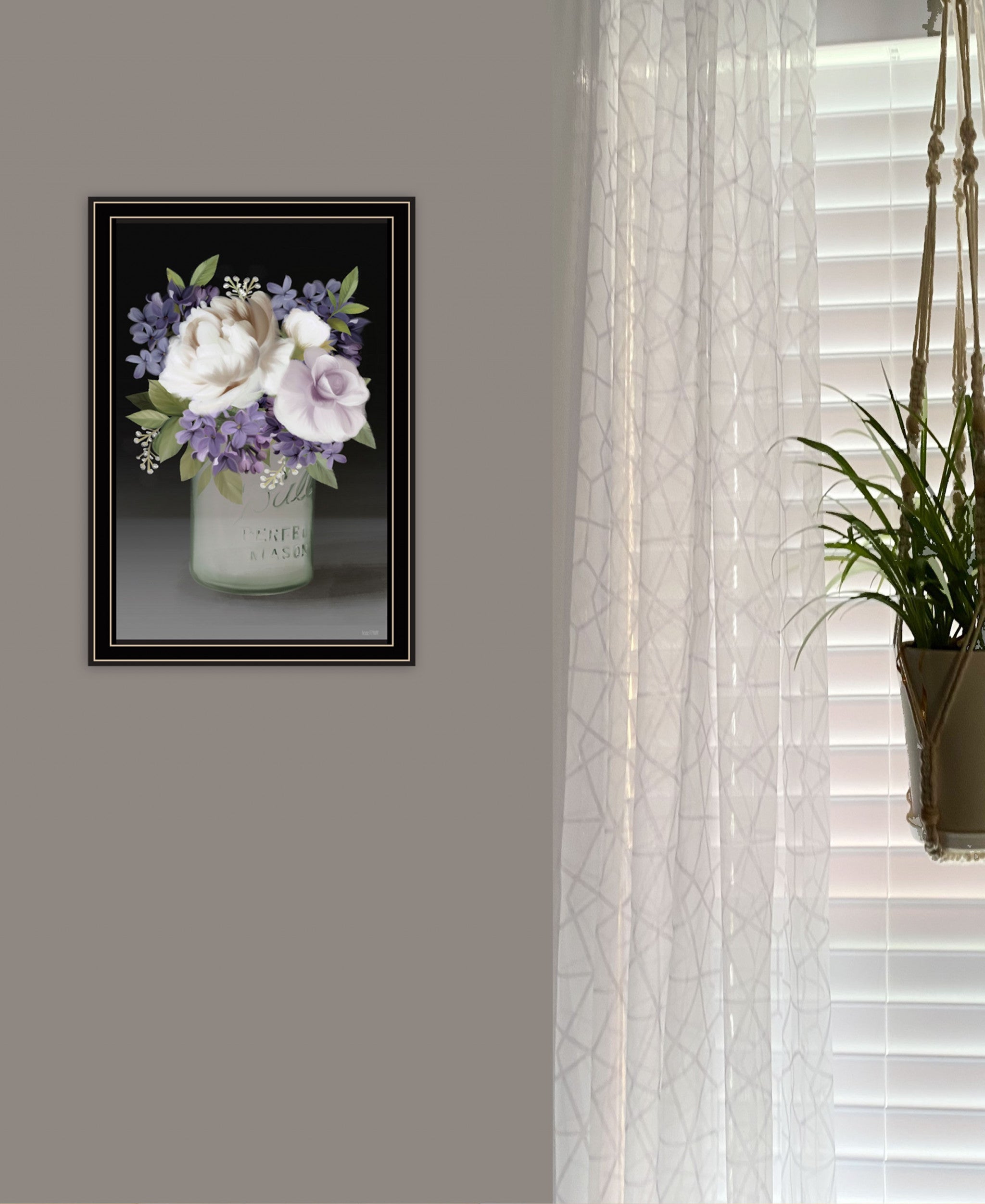 Lilac Mason Jar Floral 1 Black Framed Print Wall Art