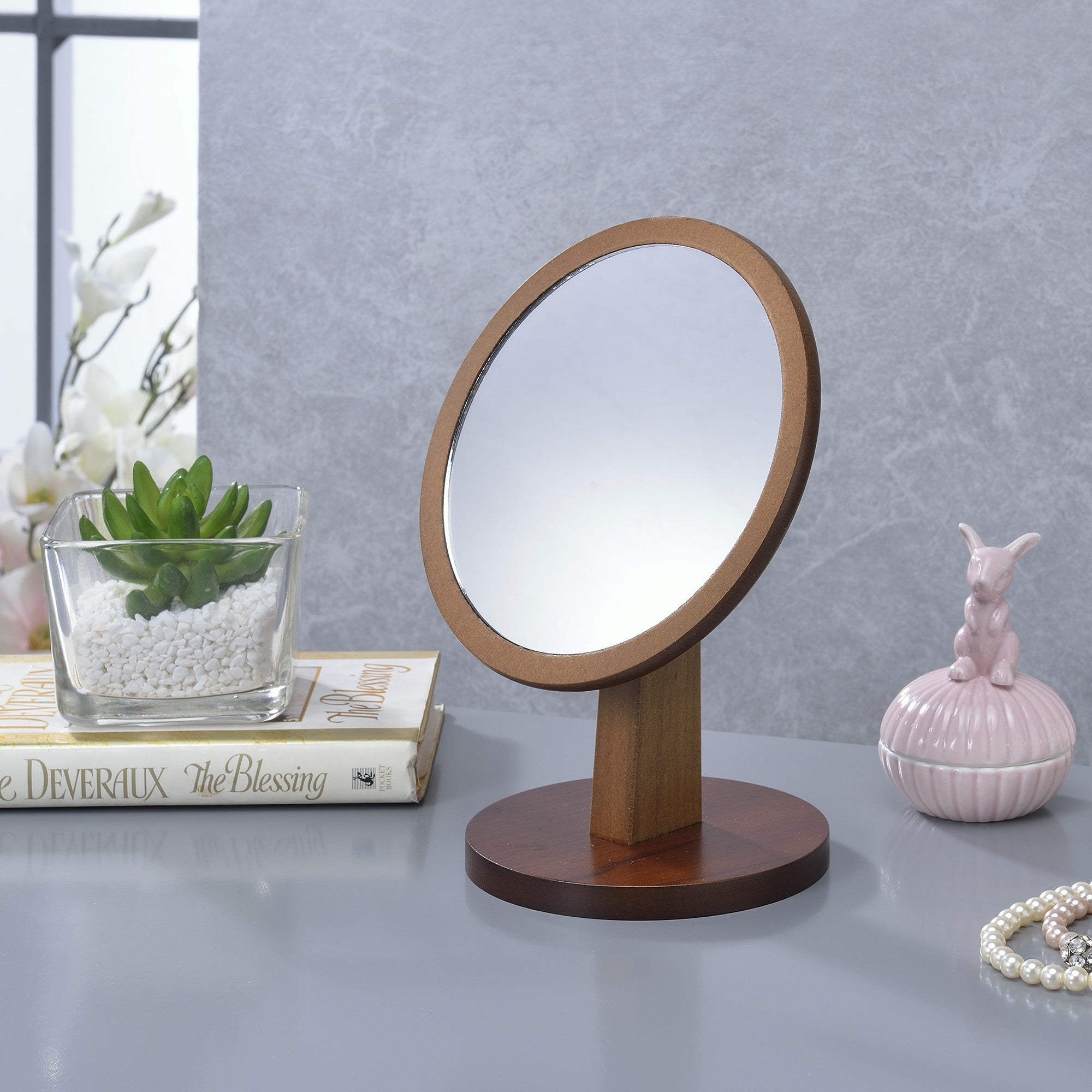 Brown Round Makeup Shaving Tabletop Mirror