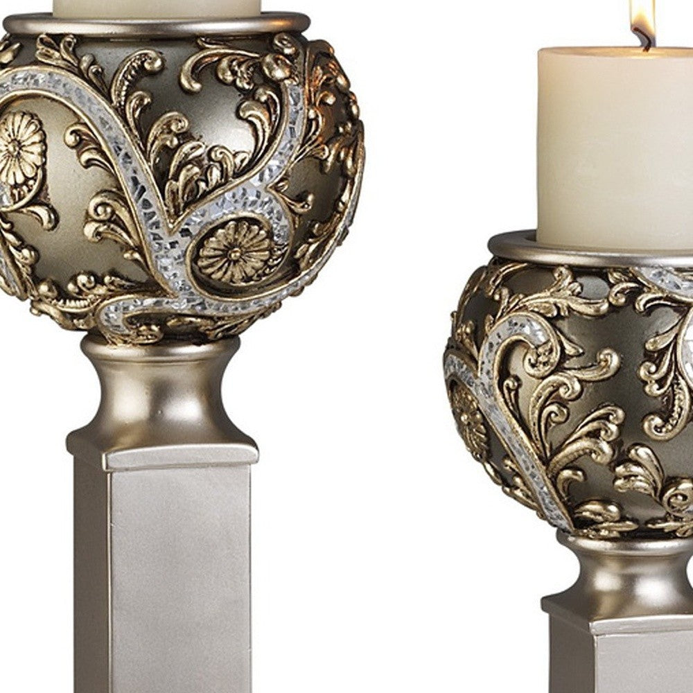 Set Of Two Silver Ball Tabletop Pillar Candle Holders