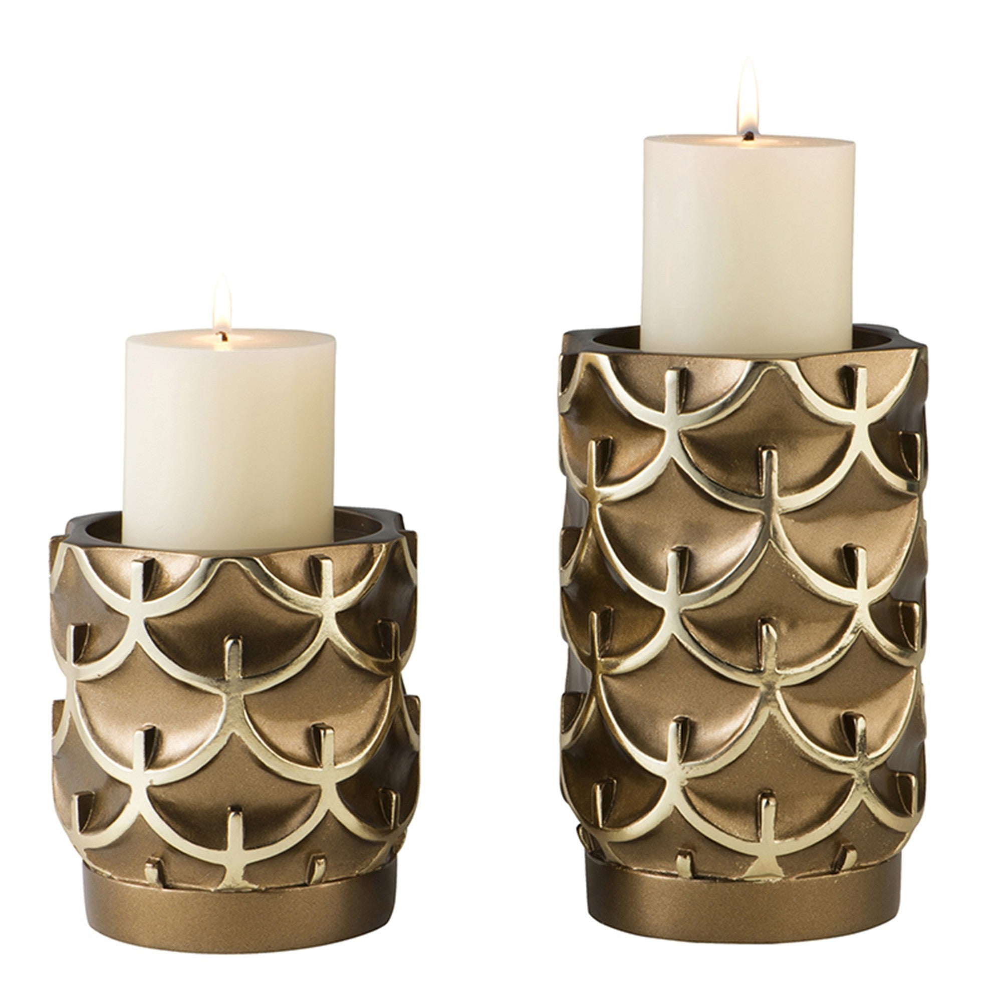 Set Of Two Antiqued Brass Tabletop Pillar Candle Holders