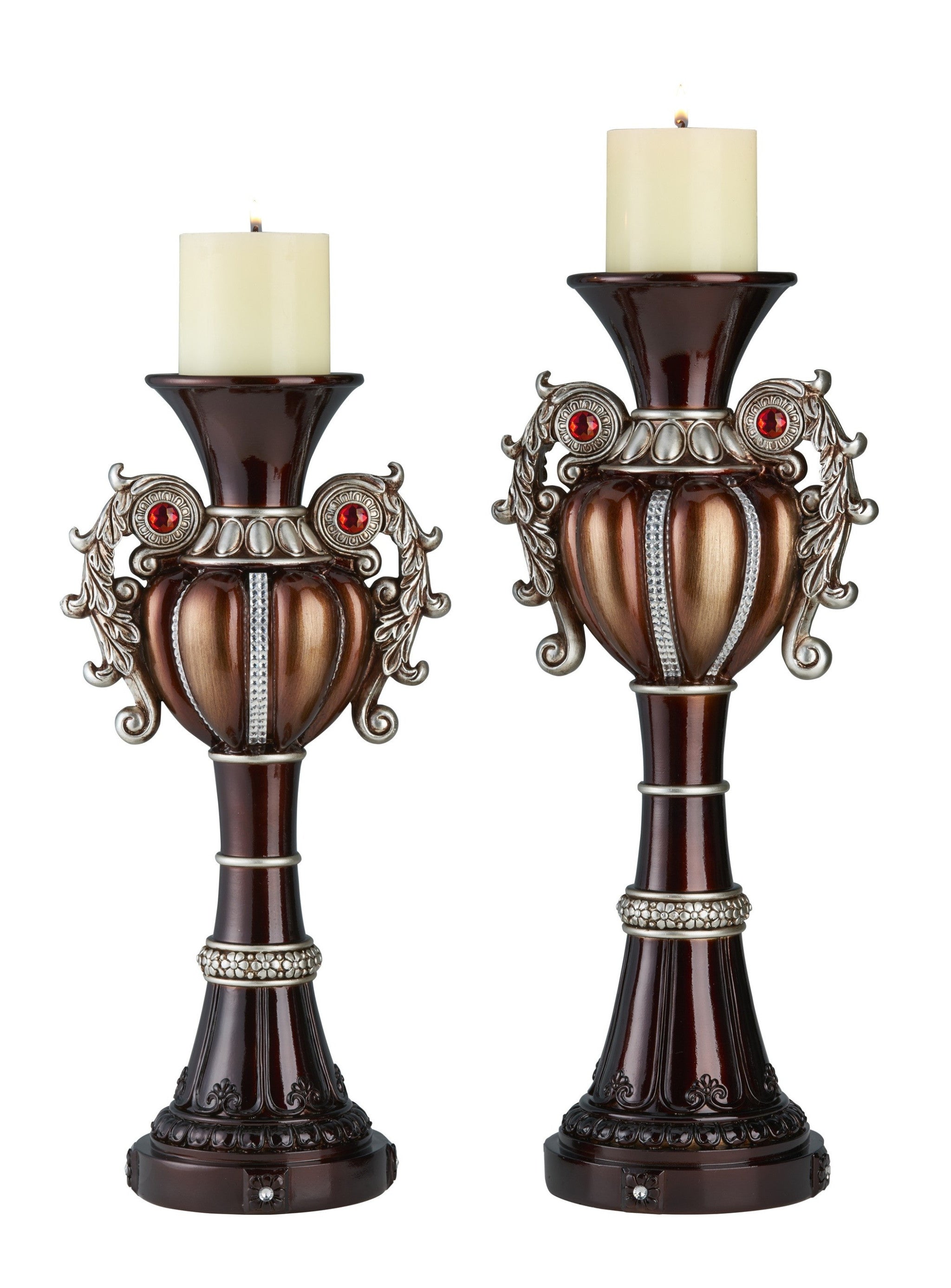 Set Of Two Bronze Tabletop Urn Shape Pillar Candle Holders