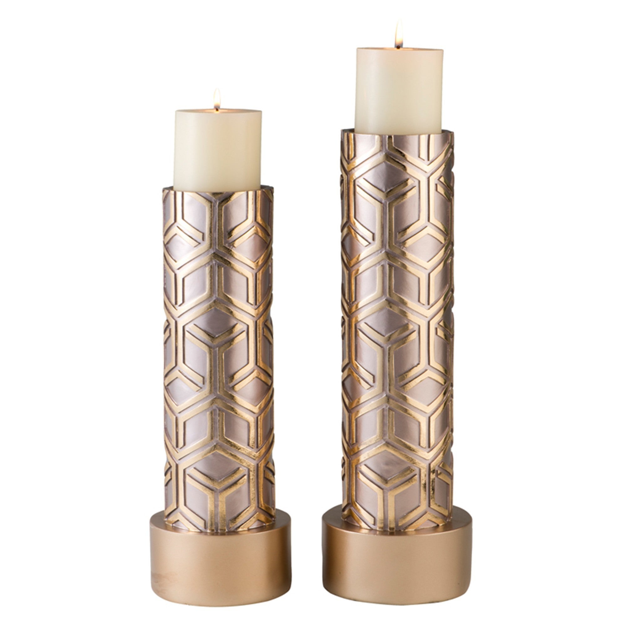 Set Of Two Gold Tabletop Pillar Candle Holders