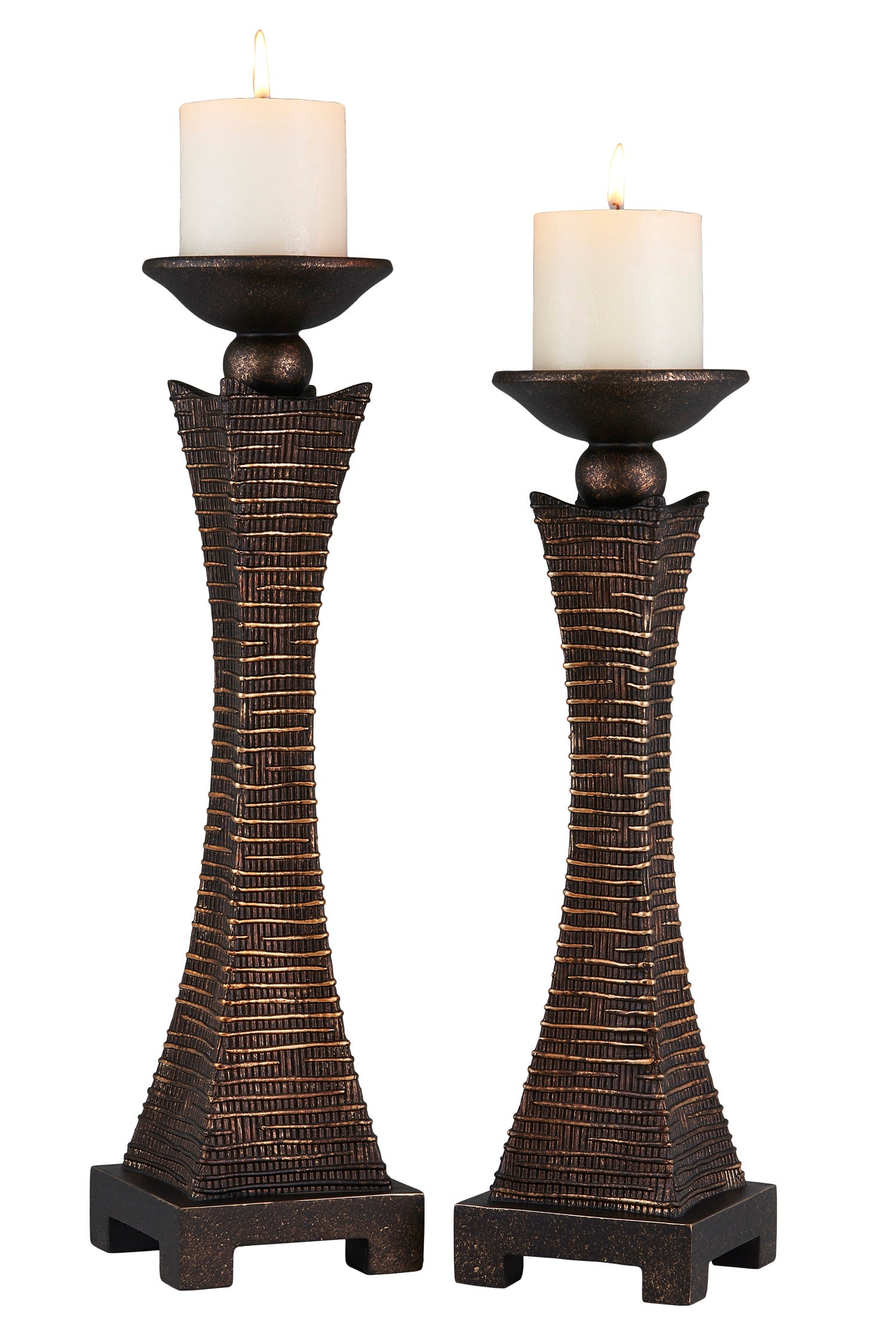 Set Of Two Bronze Pillar Tabletop Pillar Candle Holders