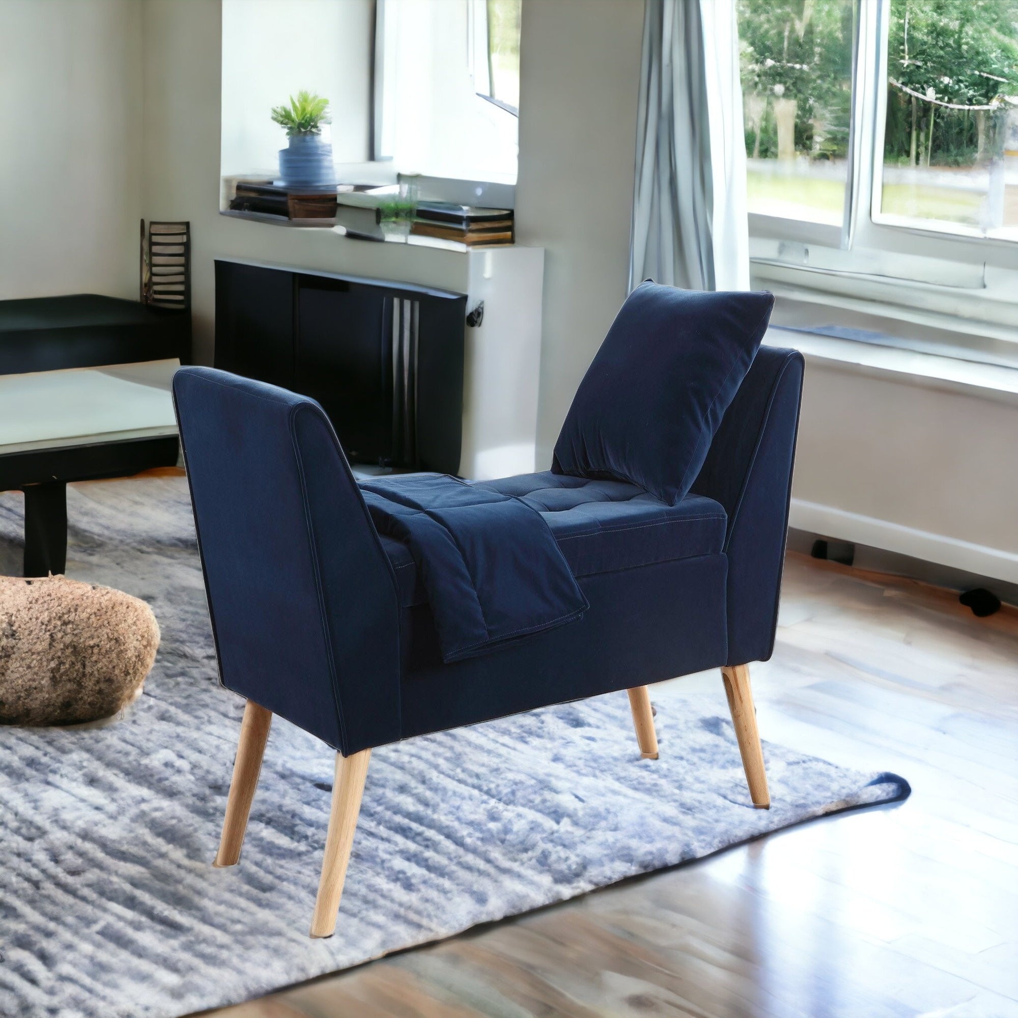 47" Blue And Natural Upholstered Microsuede Bench With Flip top