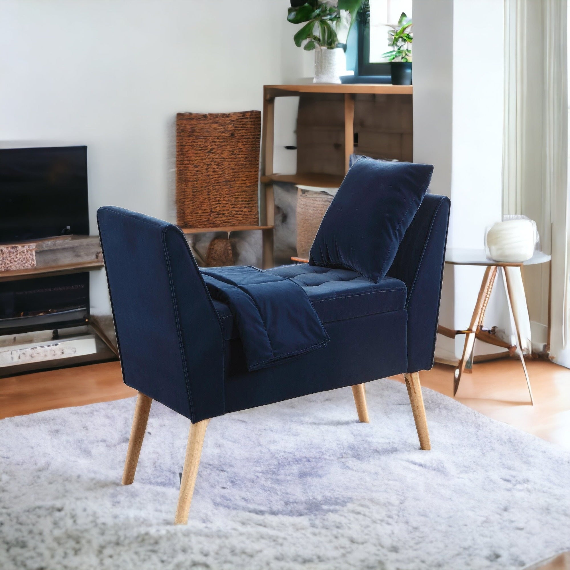 47" Blue And Natural Upholstered Microsuede Bench With Flip top