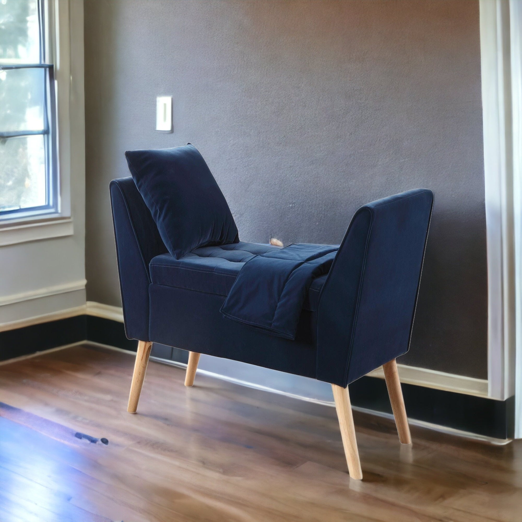 47" Blue And Natural Upholstered Microsuede Bench With Flip top