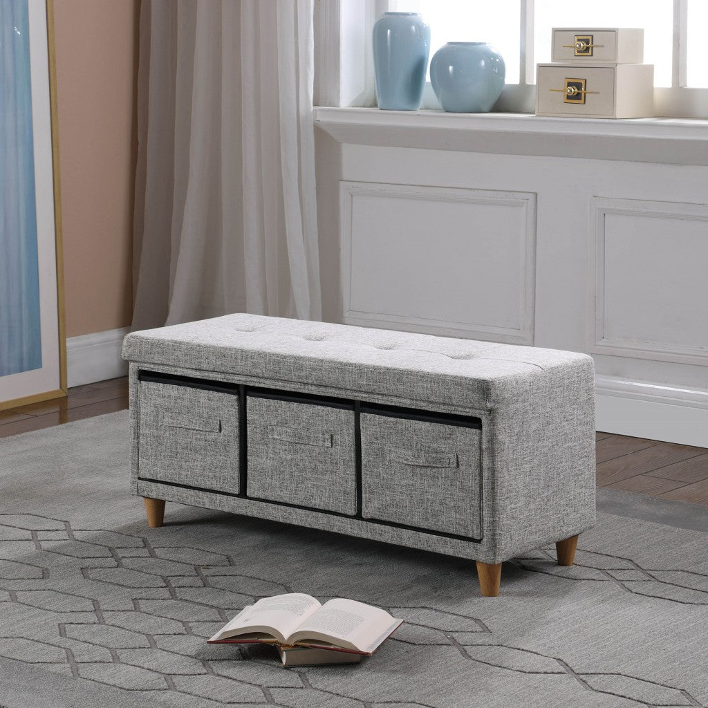 40" Gray And Brown Upholstered Cotton Blend Bench With Drawers