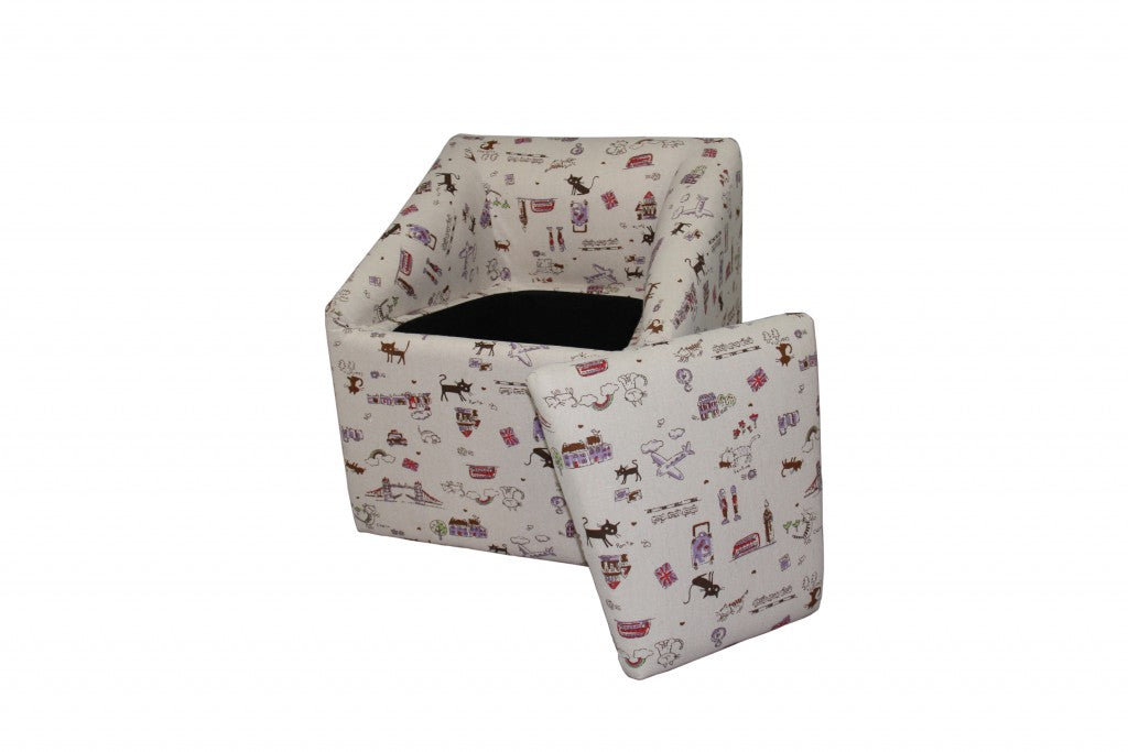 21" Modern Beige Whimsical Cats in London Cubed Accent Storage Chair