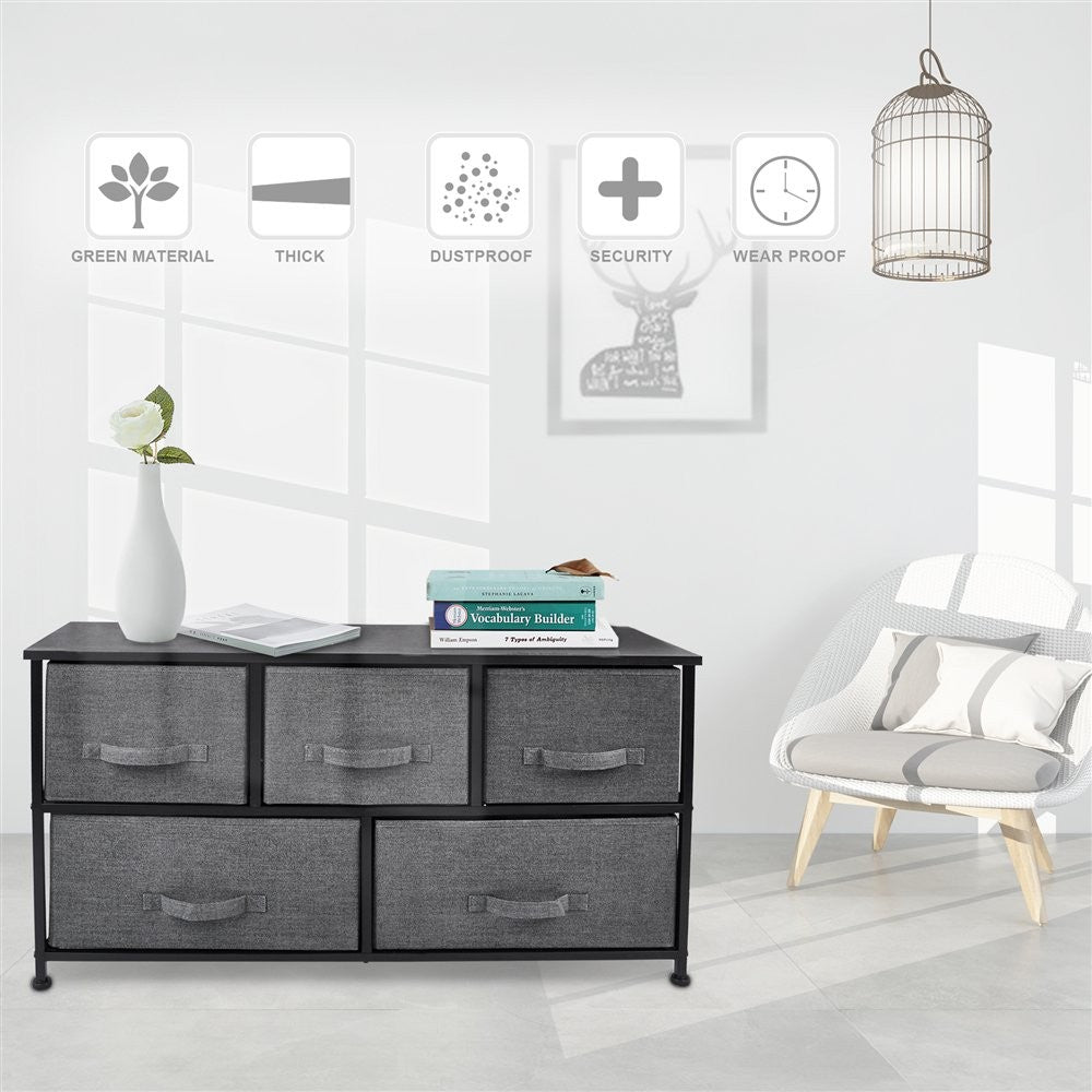 39" Black And Dark Fabric and Steel Accent Chest With Two Shelves And Five Drawers