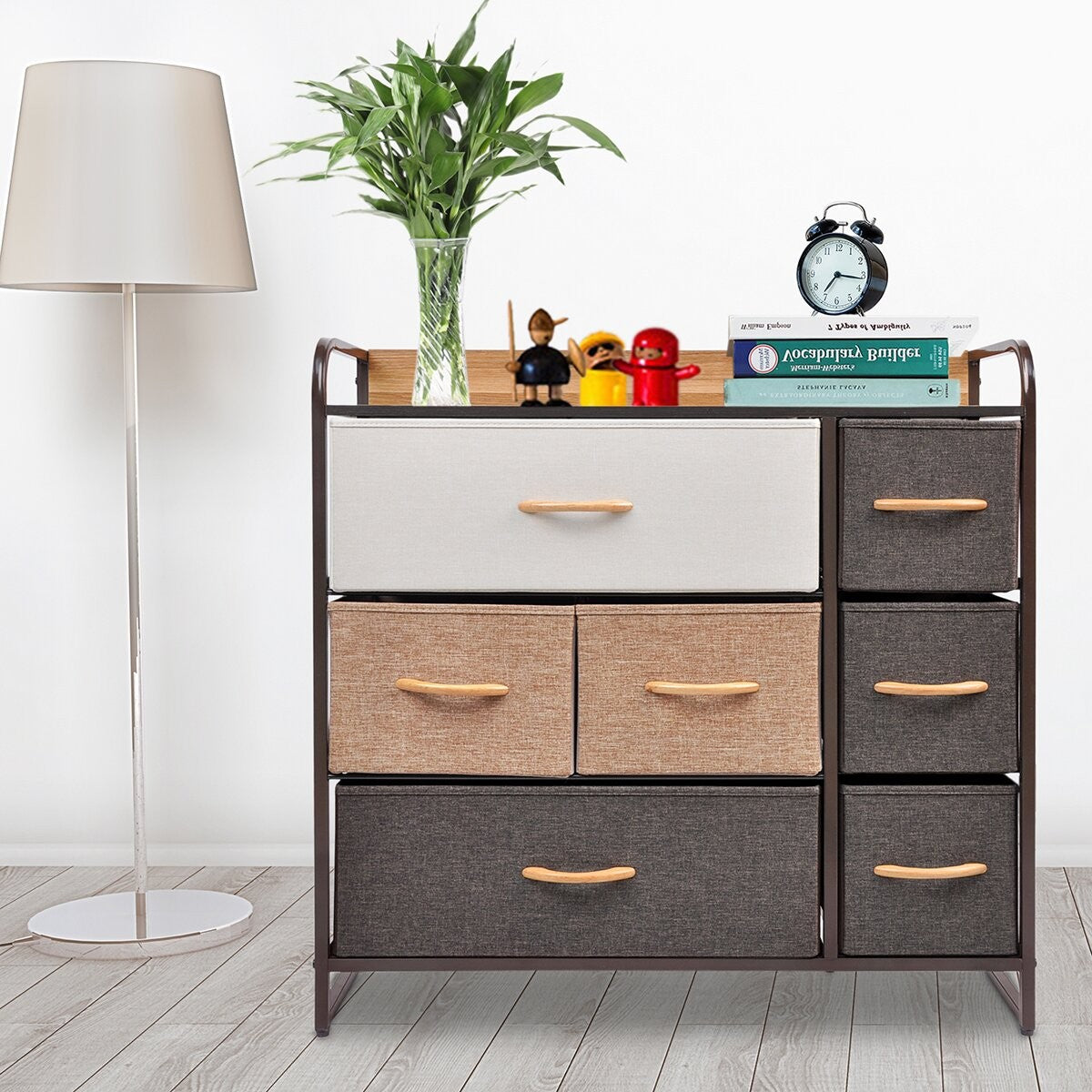 32" Brown Fabric and Steel Accent Chest With Two Shelves And Seven Drawers