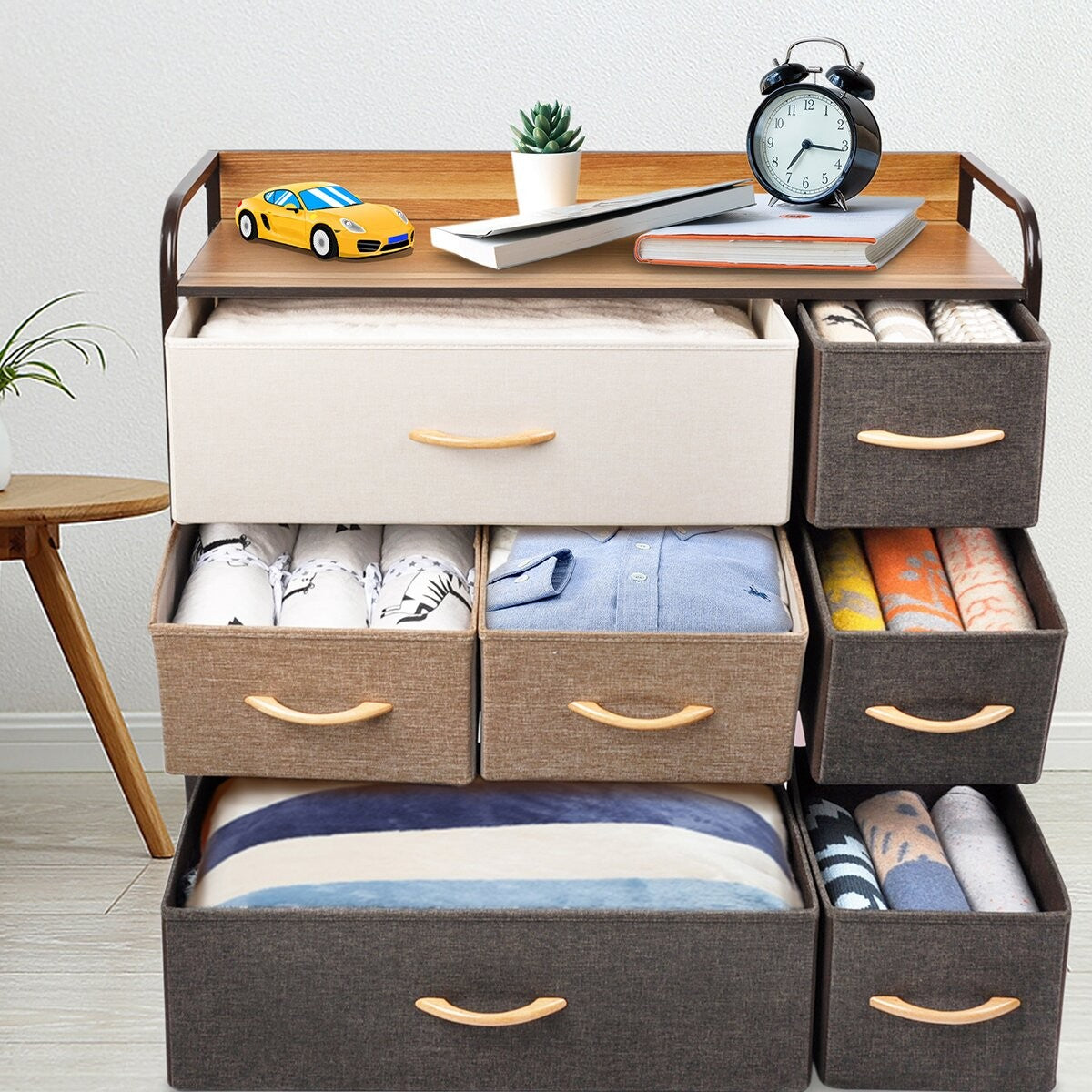 32" Brown Fabric and Steel Accent Chest With Two Shelves And Seven Drawers