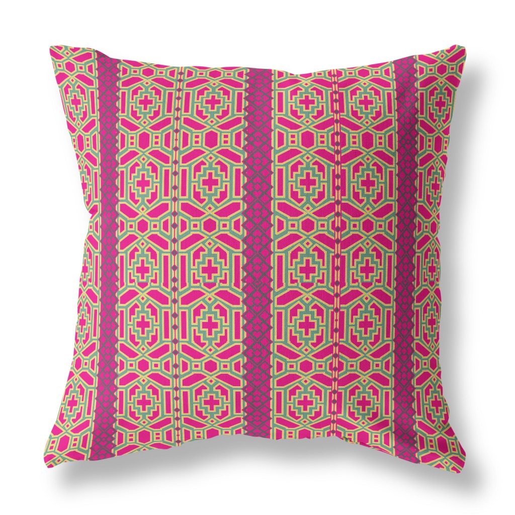 26" X 26" Pink And Green Broadcloth Floral Throw Pillow