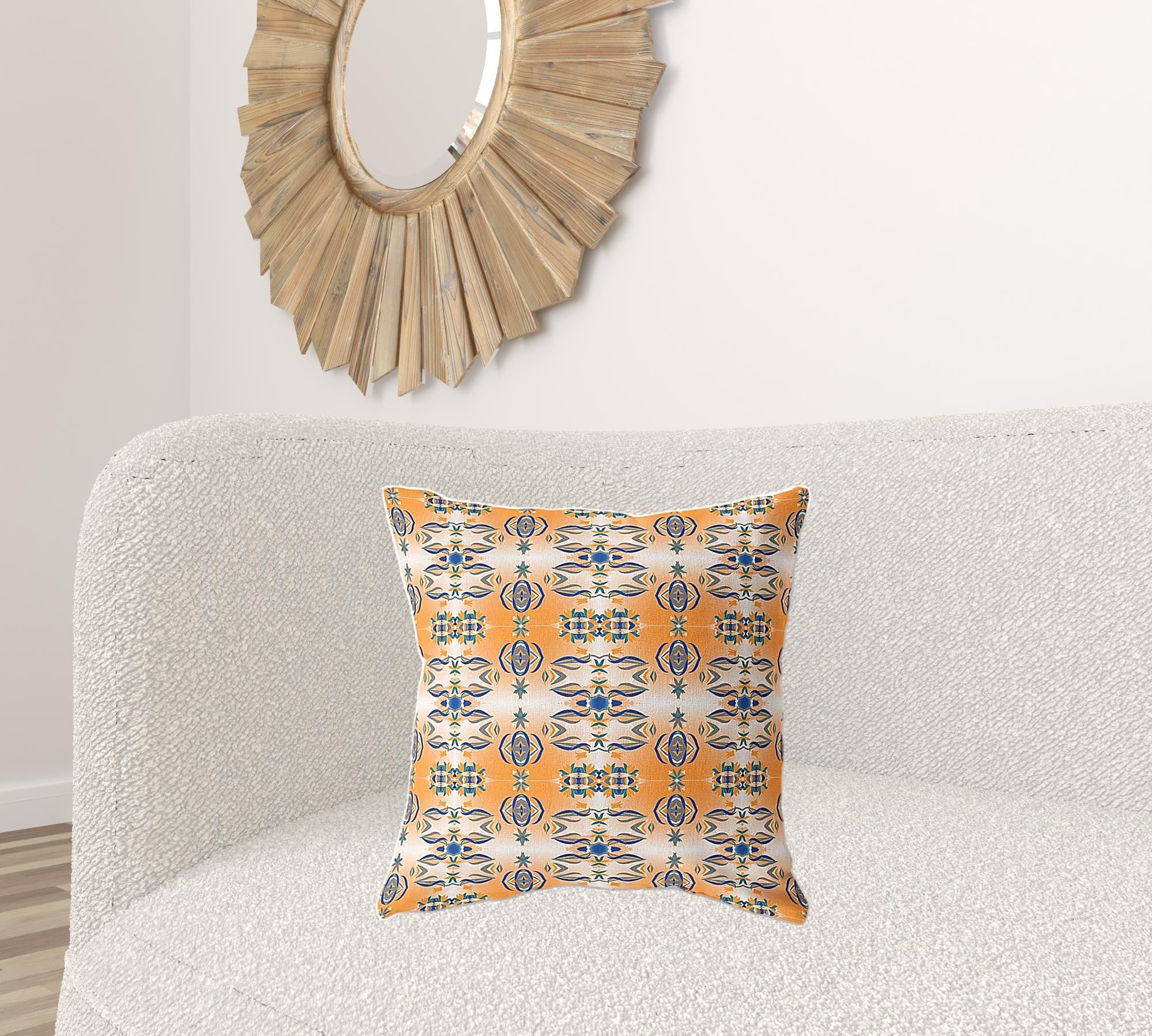 20" X 20" Orange And Gray Broadcloth Floral Throw Pillow