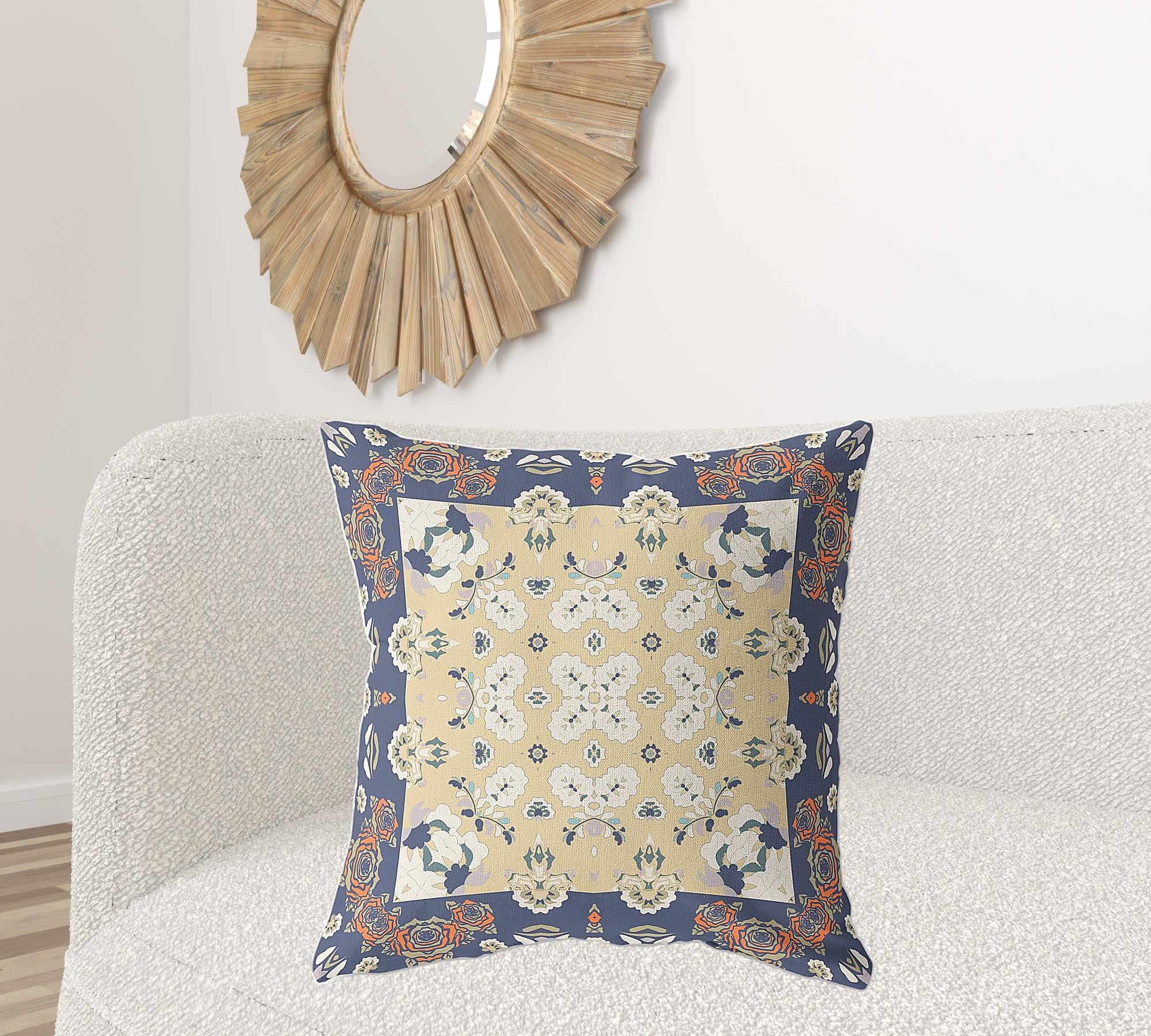 26" X 26" Blue Yellow Broadcloth Floral Throw Pillow