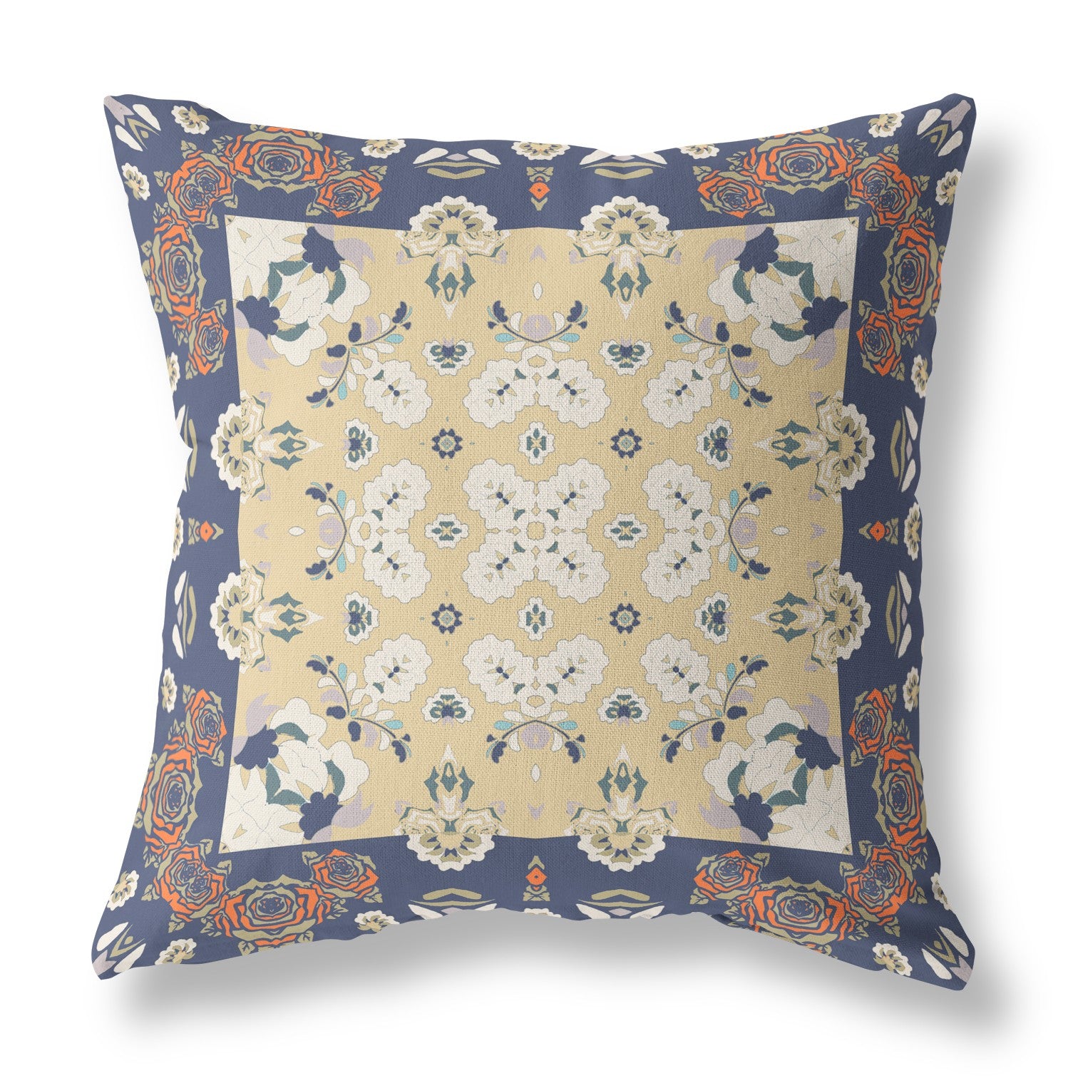 28" X 28" Blue Yellow Broadcloth Floral Throw Pillow