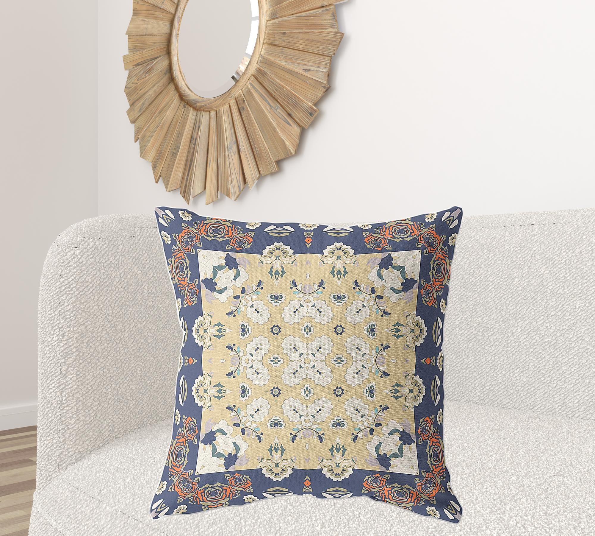 28" X 28" Blue Yellow Broadcloth Floral Throw Pillow