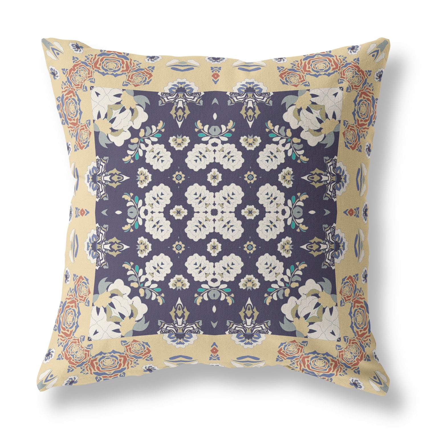 20" X 20" Yellow And Navy Broadcloth Floral Throw Pillow