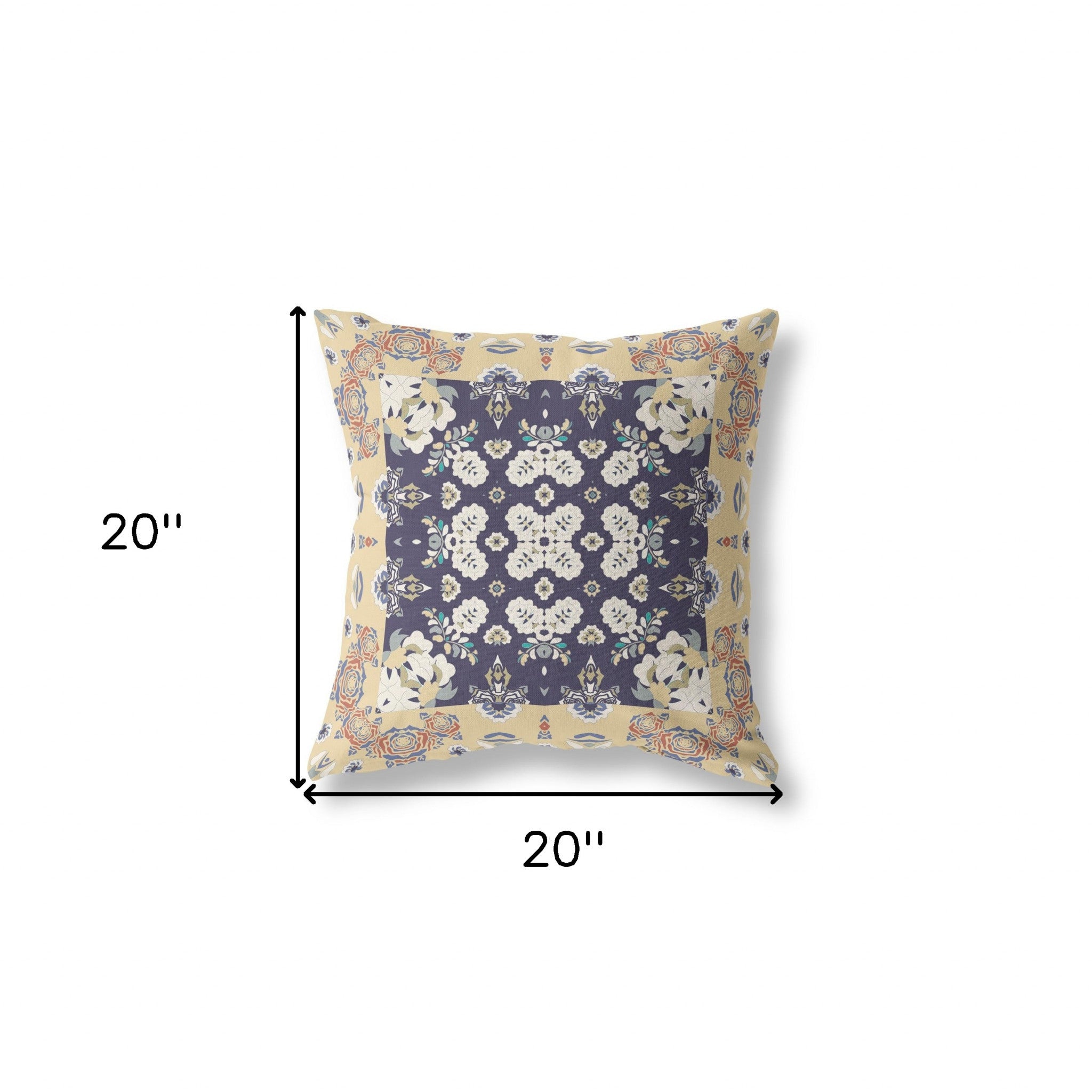 20" X 20" Yellow And Navy Broadcloth Floral Throw Pillow