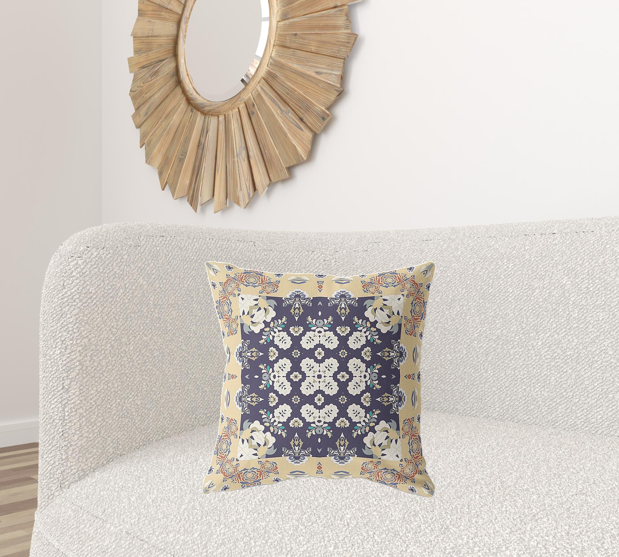 20" X 20" Yellow And Navy Broadcloth Floral Throw Pillow