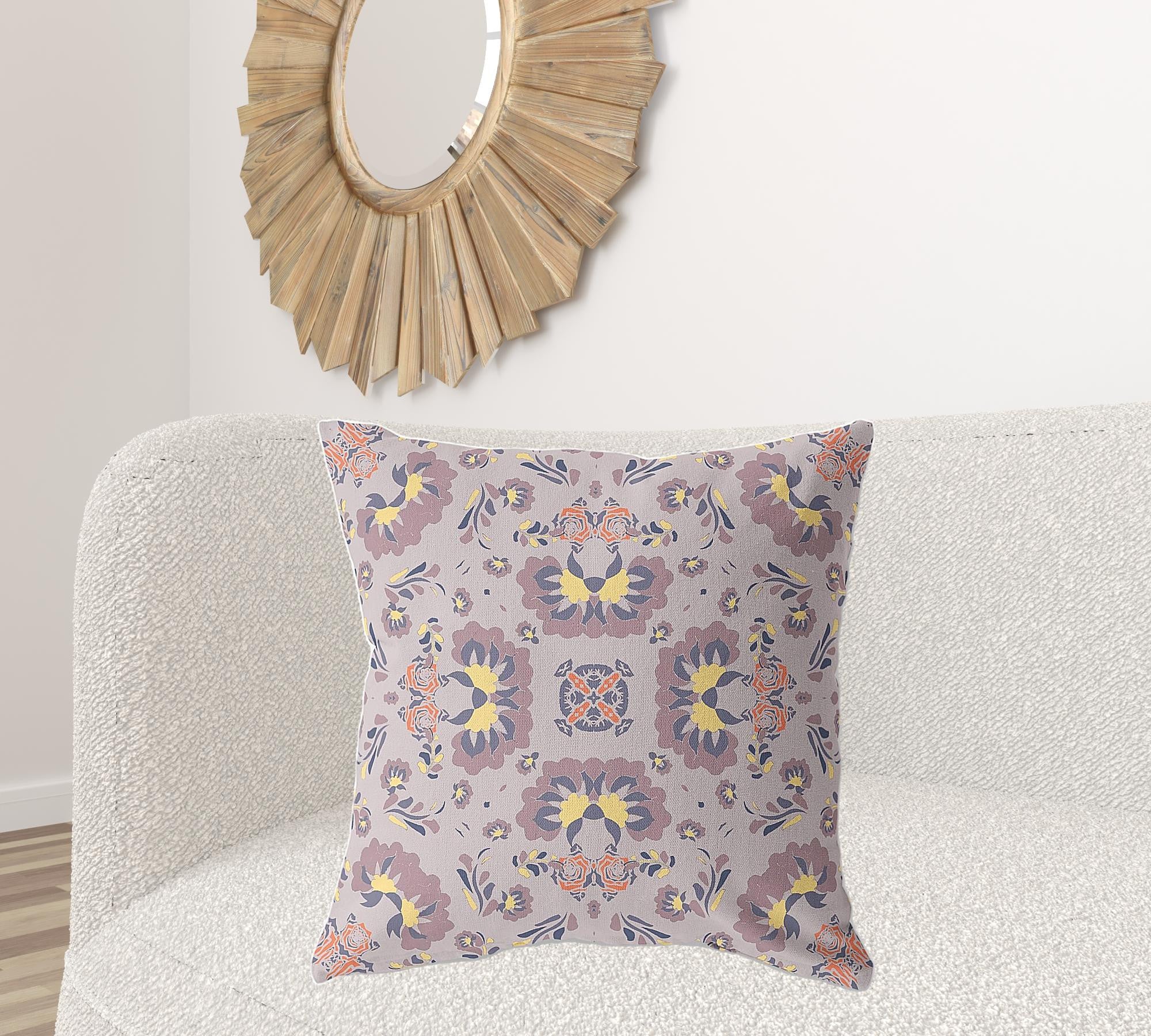 26" X 26" Muted Purple And Yellow Broadcloth Floral Throw Pillow