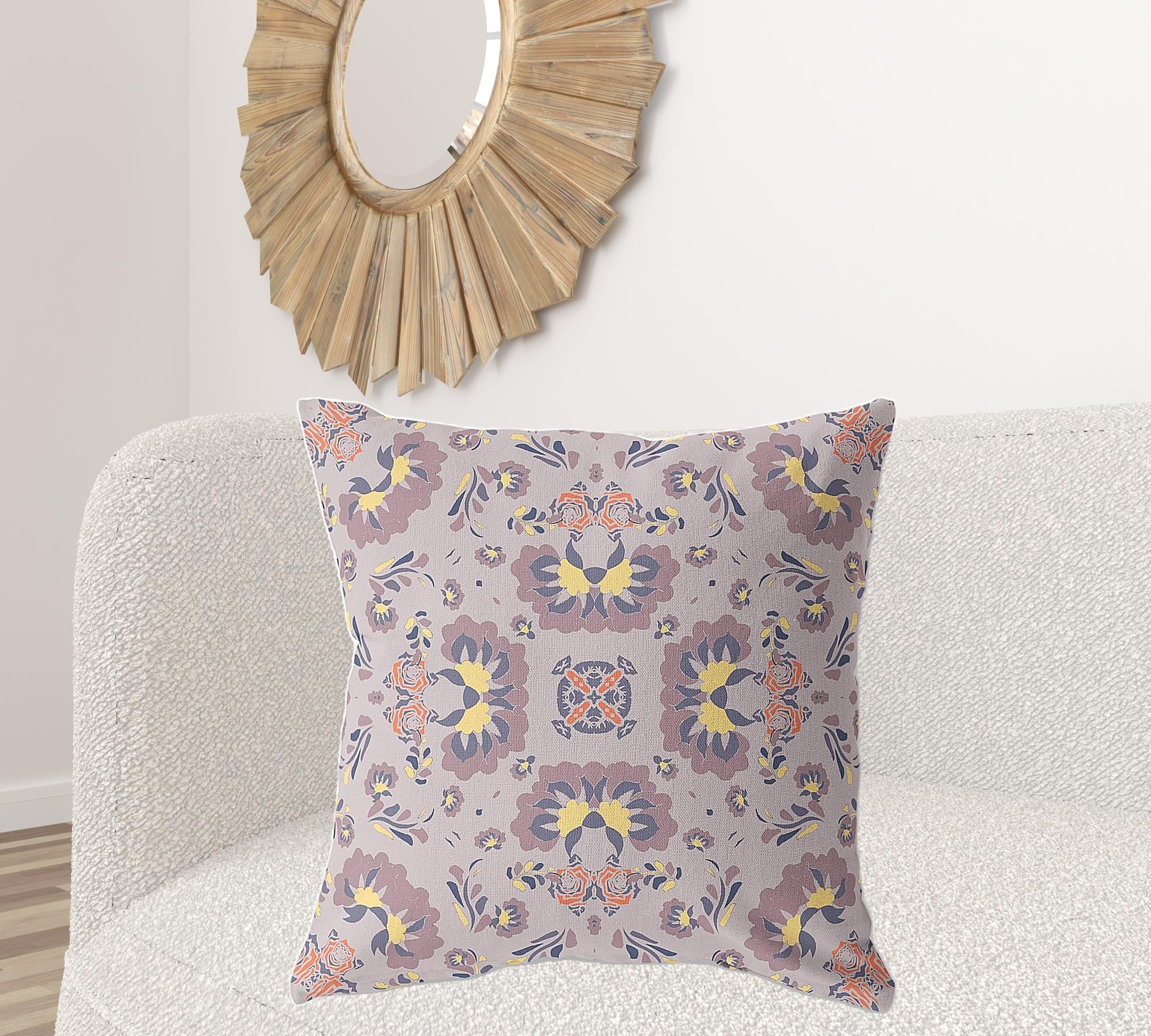 28" X 28" Muted Purple And Yellow Broadcloth Floral Throw Pillow