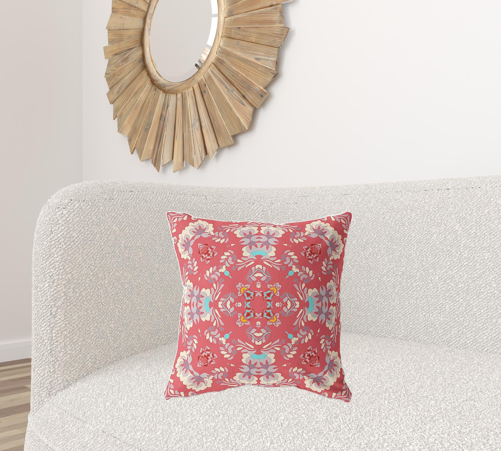 20" X 20" Red Broadcloth Floral Throw Pillow