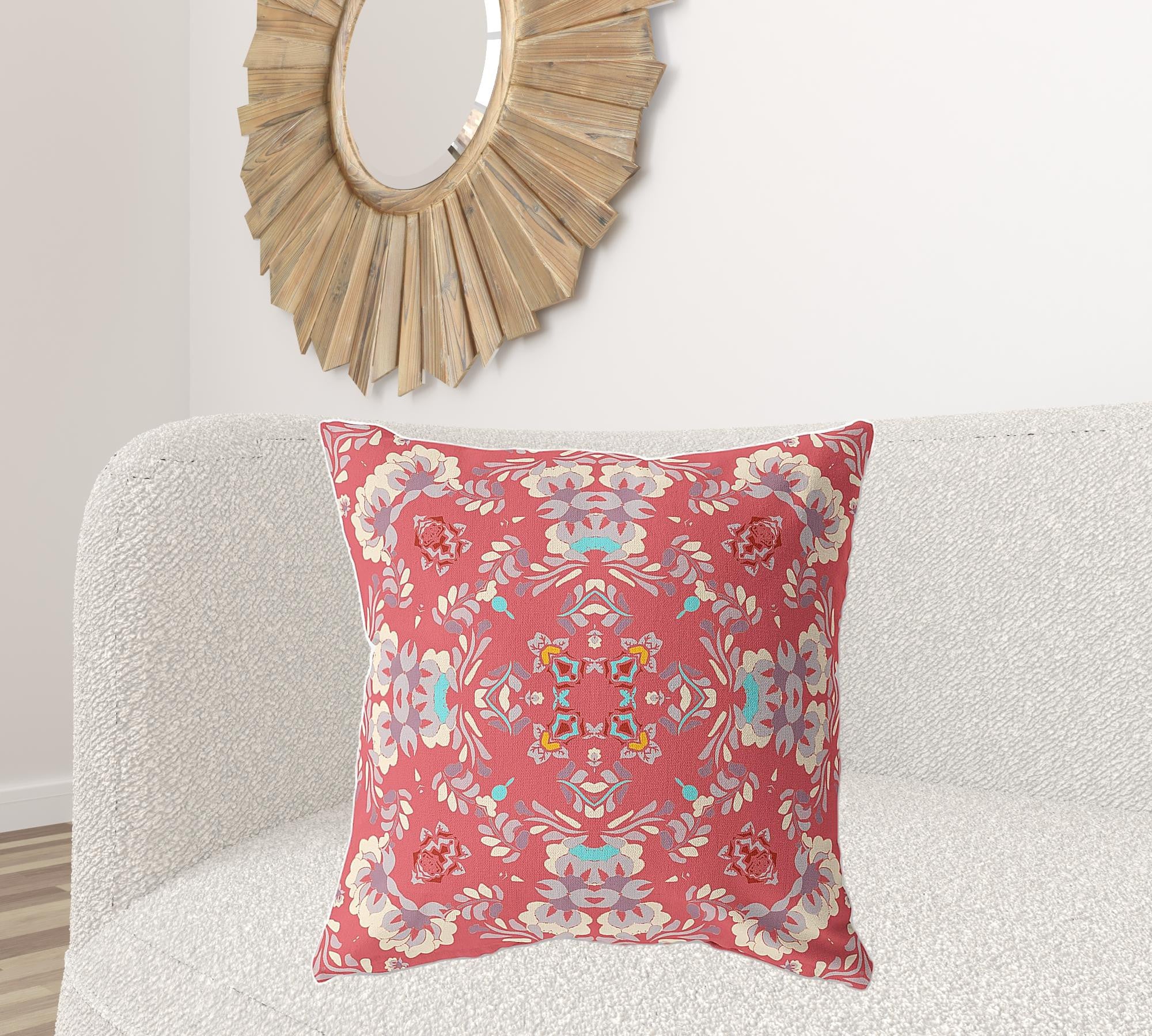 26" X 26" Red Broadcloth Floral Throw Pillow