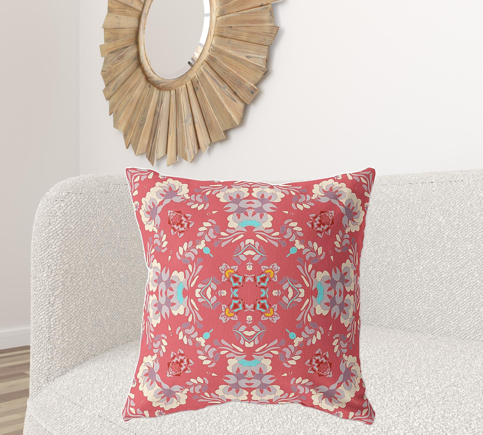 28" X 28" Red Broadcloth Floral Throw Pillow