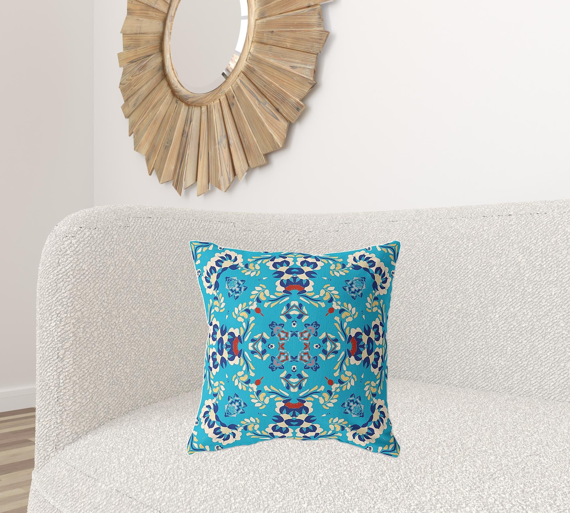 20" X 20" Blue Broadcloth Floral Throw Pillow