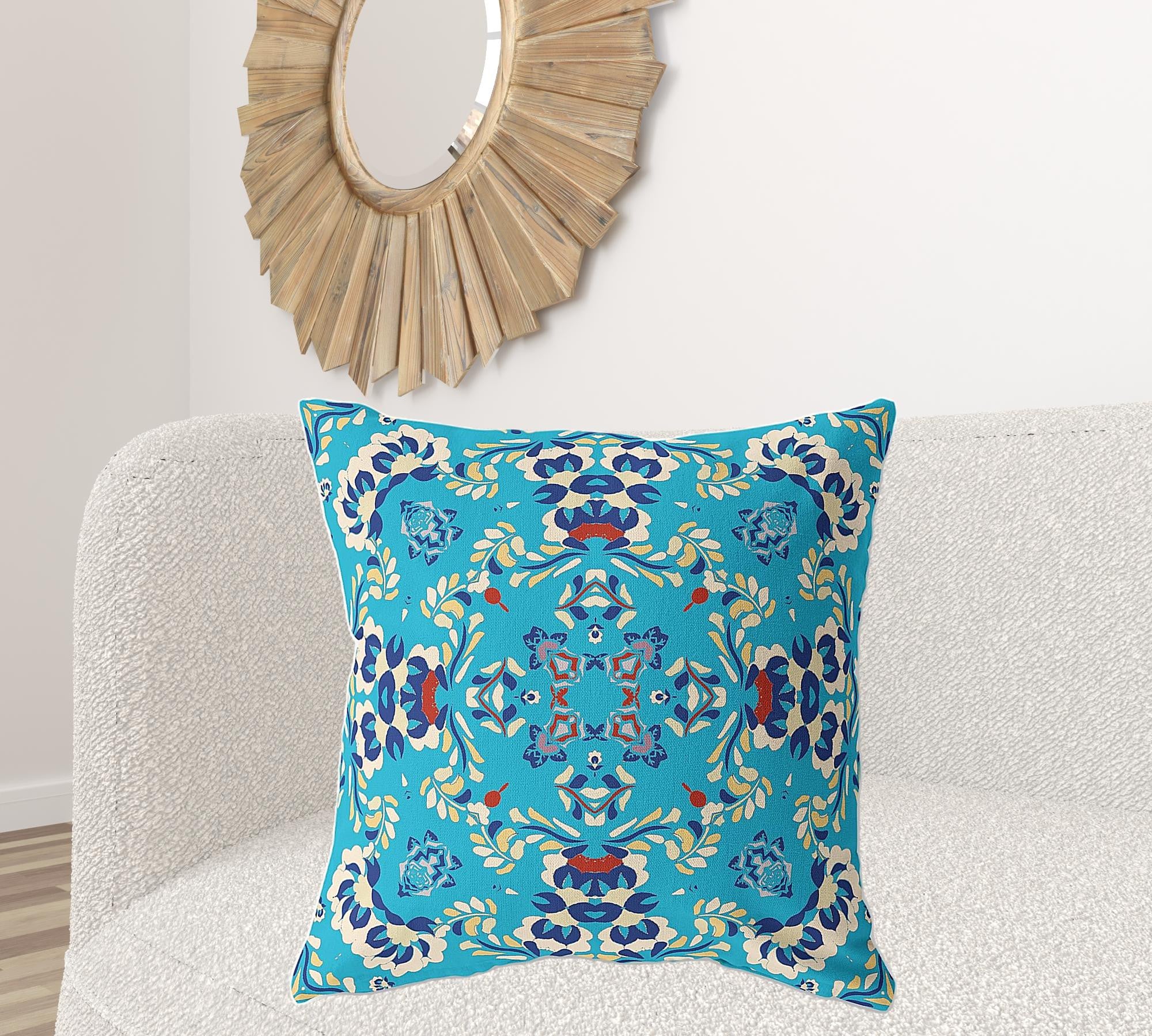 28" X 28" Blue Broadcloth Floral Throw Pillow